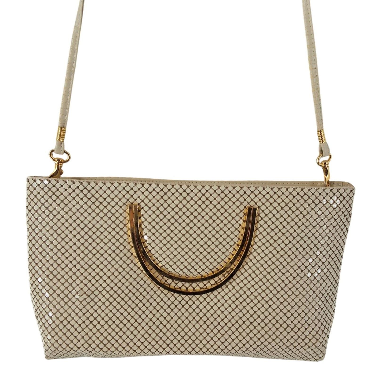 Ashley Moore Cream Aluminum Metal Mesh Evening Bag Gold Handle Crossbody