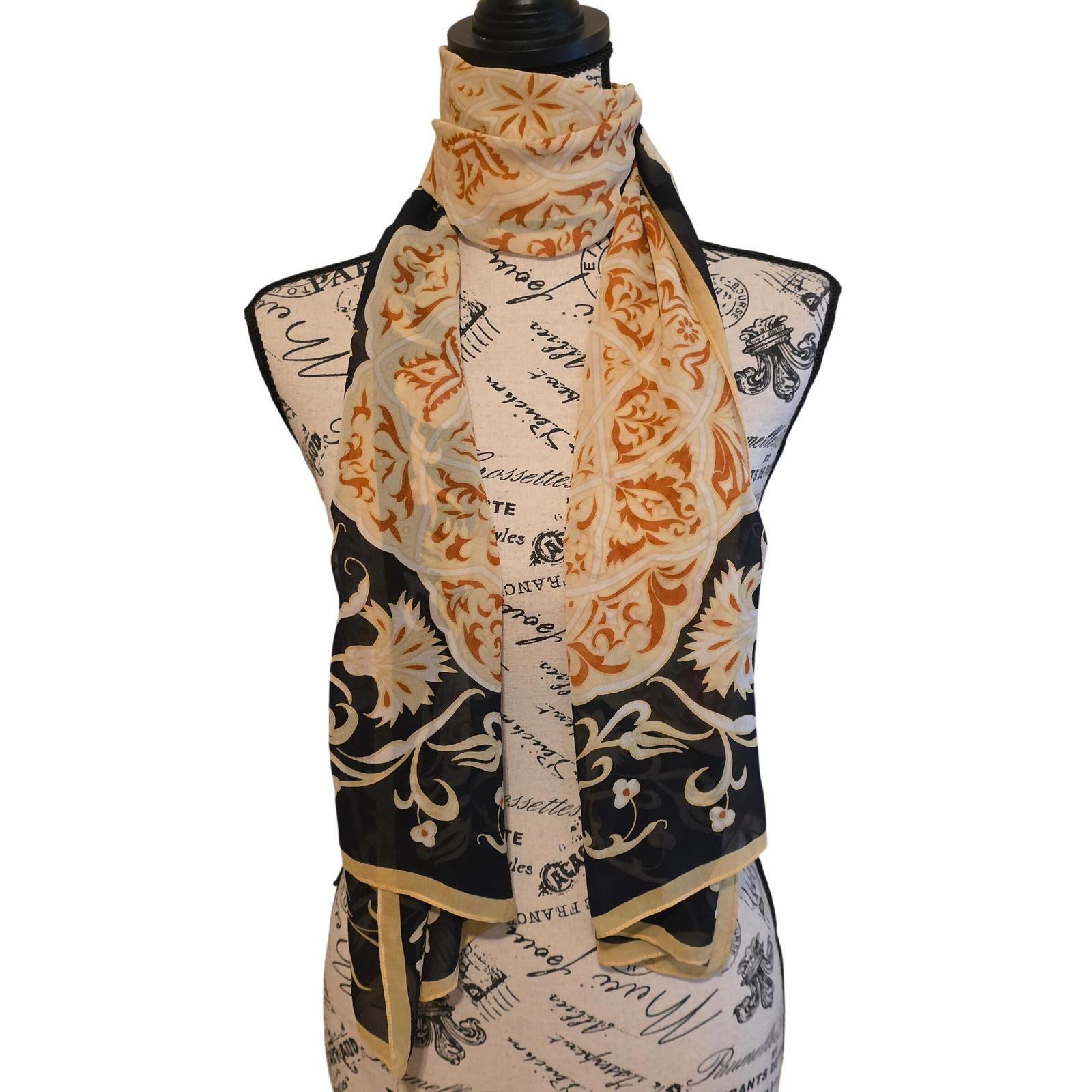 Sheer Silk Mandala Floral Button Wrap Scarf Black Orange Boho - View 3