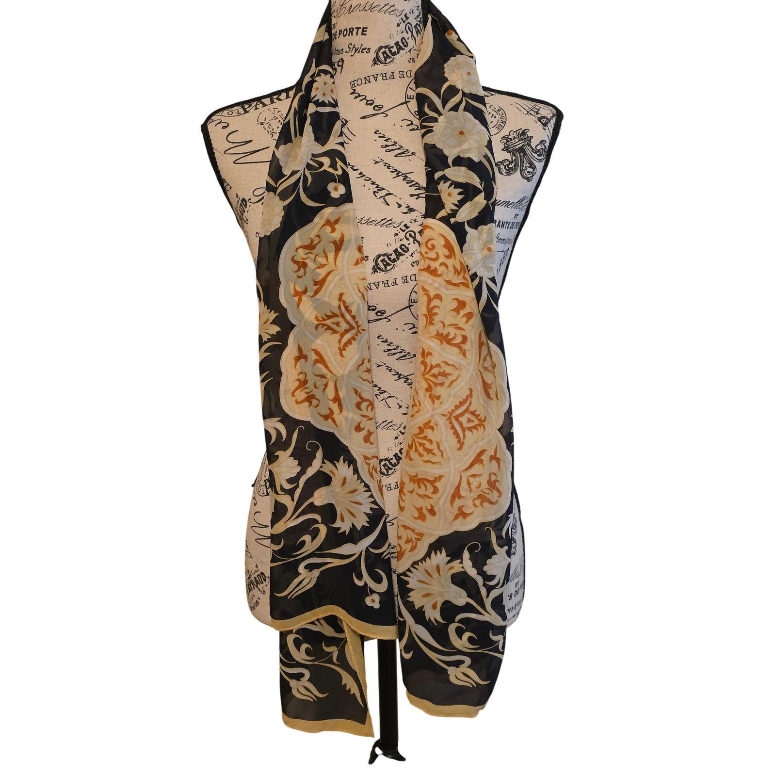 Sheer Silk Mandala Floral Button Wrap Scarf Black Orange Boho - View 5