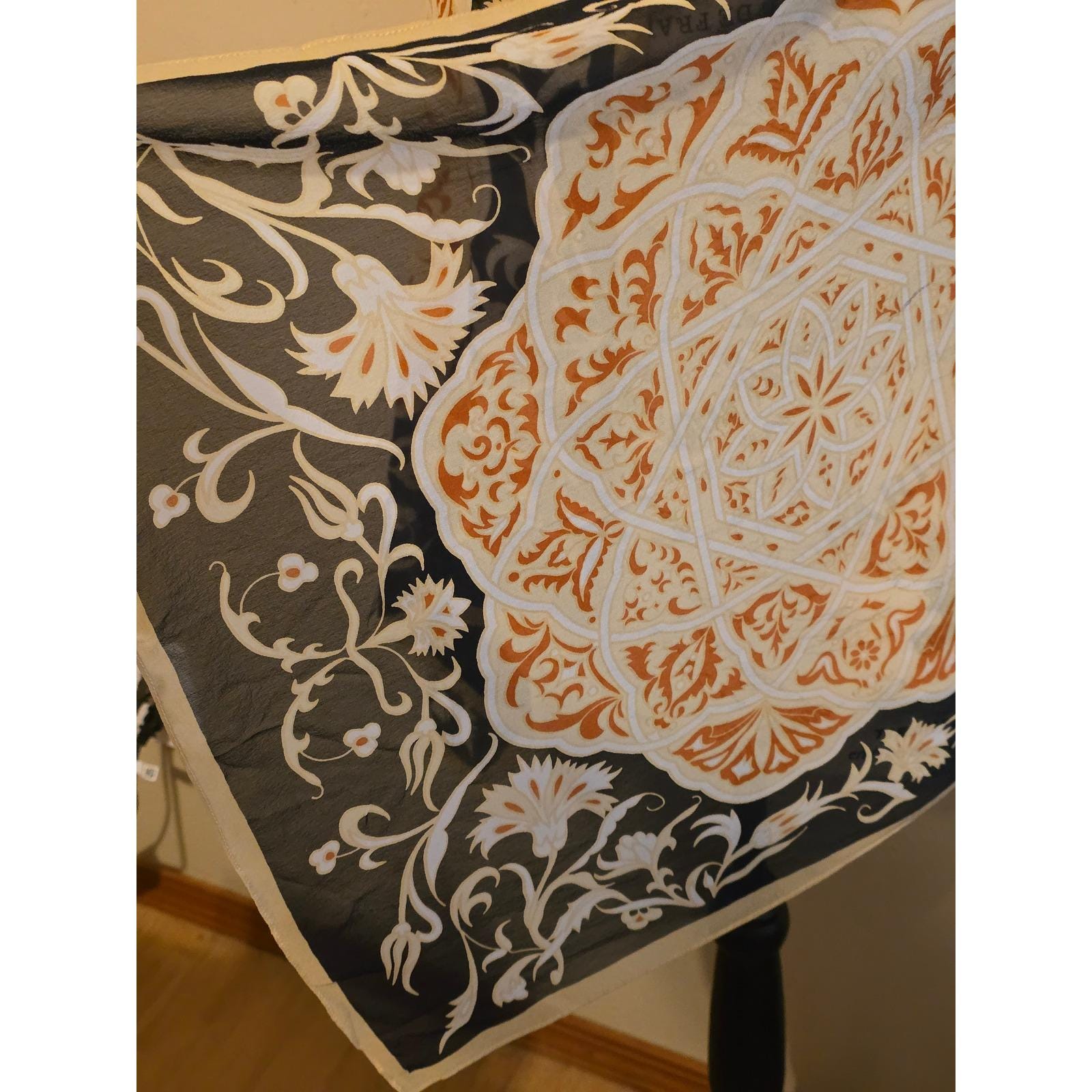 Sheer Silk Mandala Floral Button Wrap Scarf Black Orange Boho - View 7