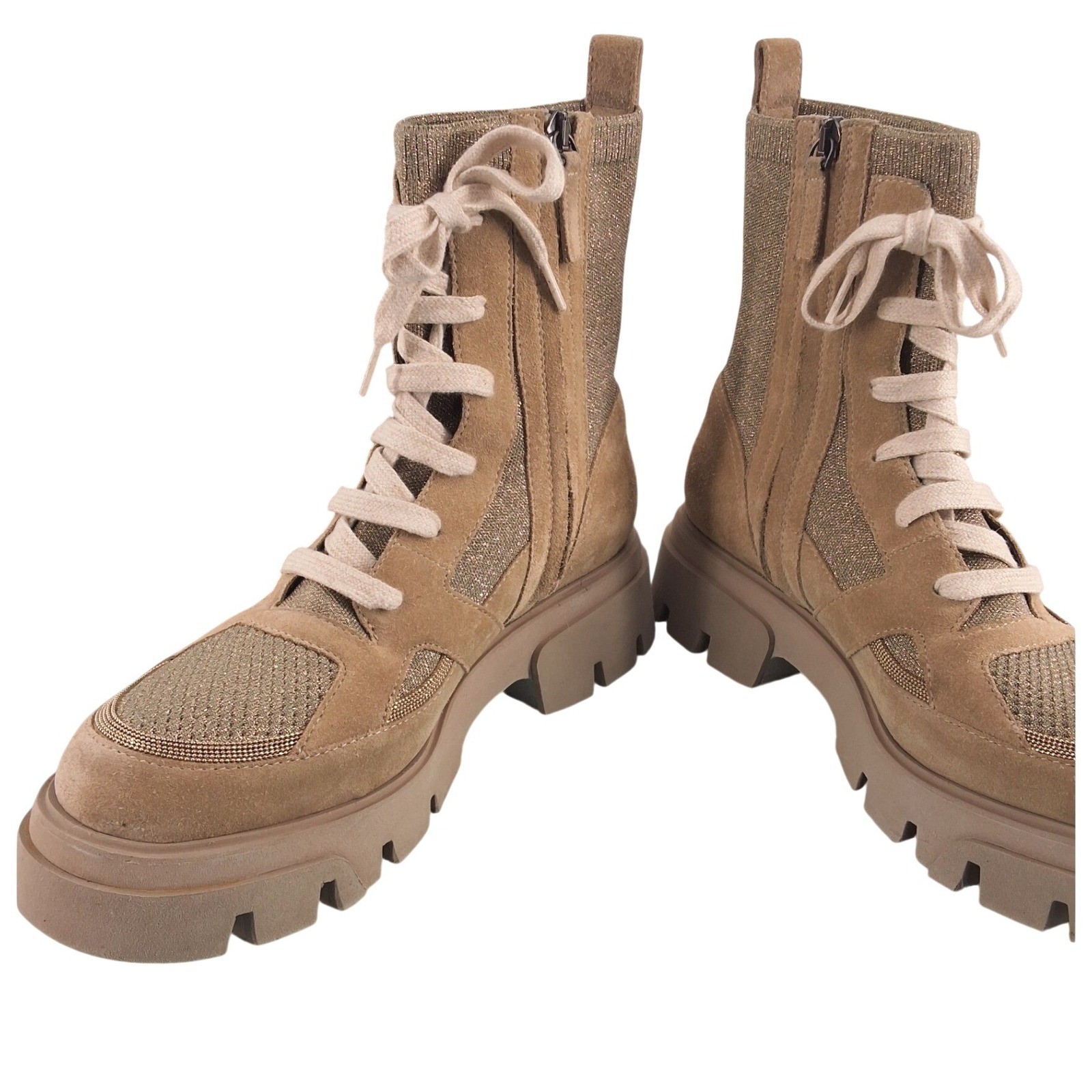 Brunello Cucinelli Gold Knit Monili Lurex Tan Suede Lug Sole Combat Boots 39.5