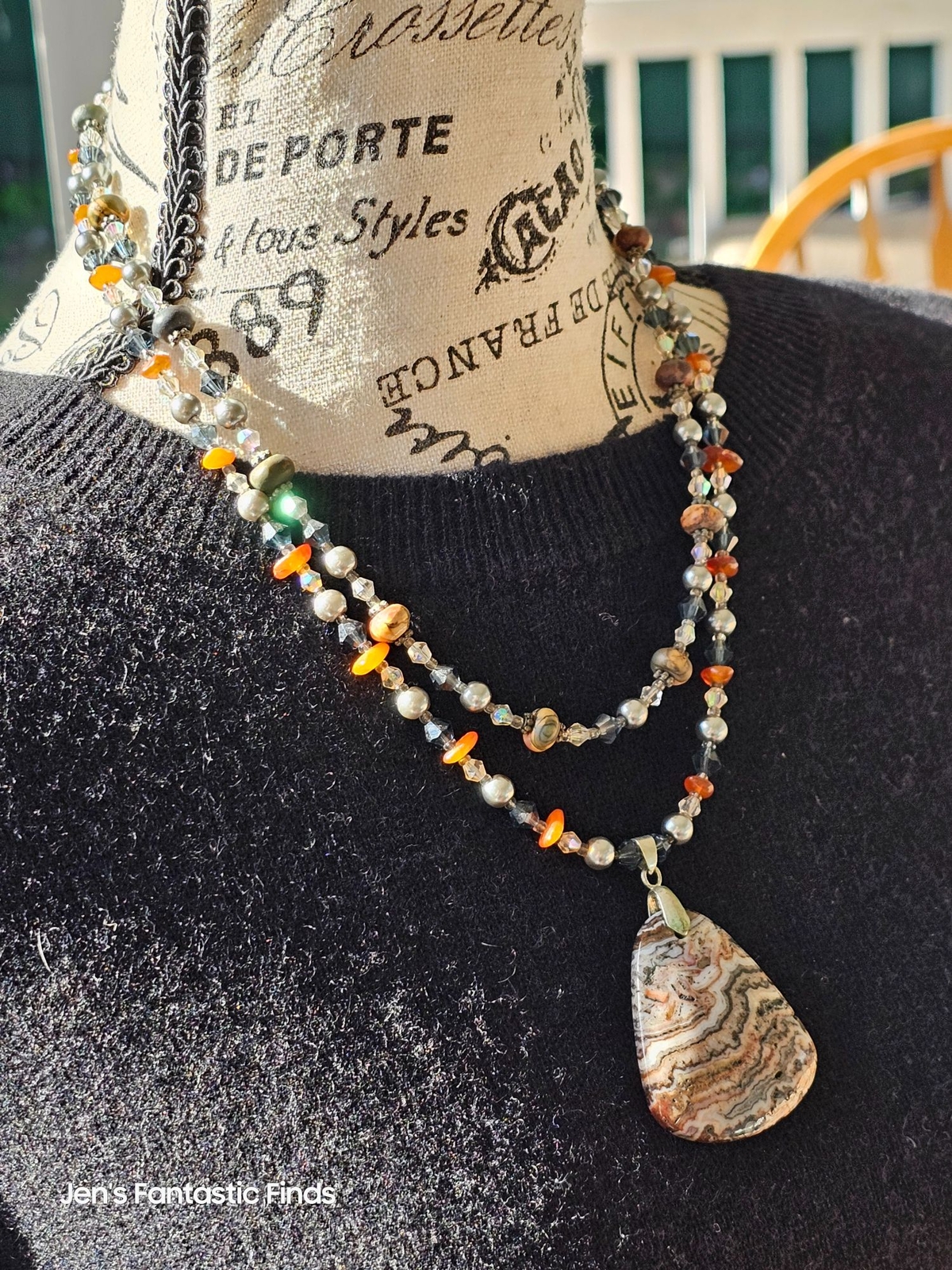 Picture Jasper Pearl Carnelian Sterling Silver Double Strand Necklace Toggle - View 6