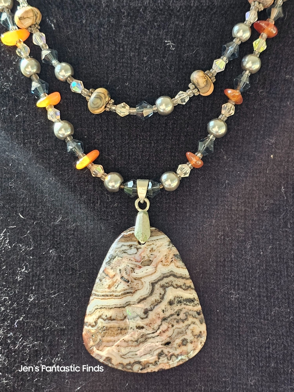 Picture Jasper Pearl Carnelian Sterling Silver Double Strand Necklace Toggle - View 7