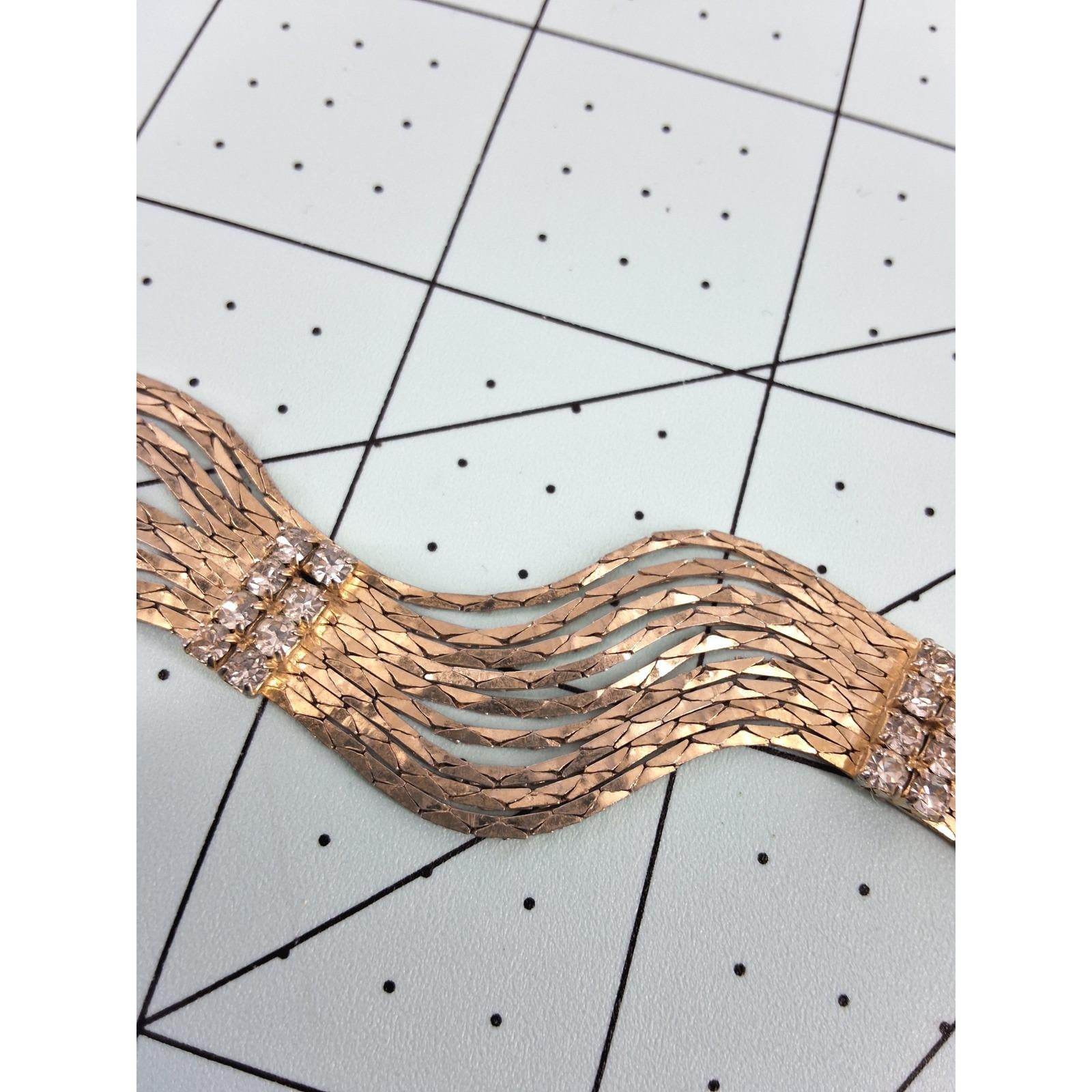 Vintage Gold Tone Multi-Strand Herringbone Rhinestone Wavy Link Bracelet - View 6