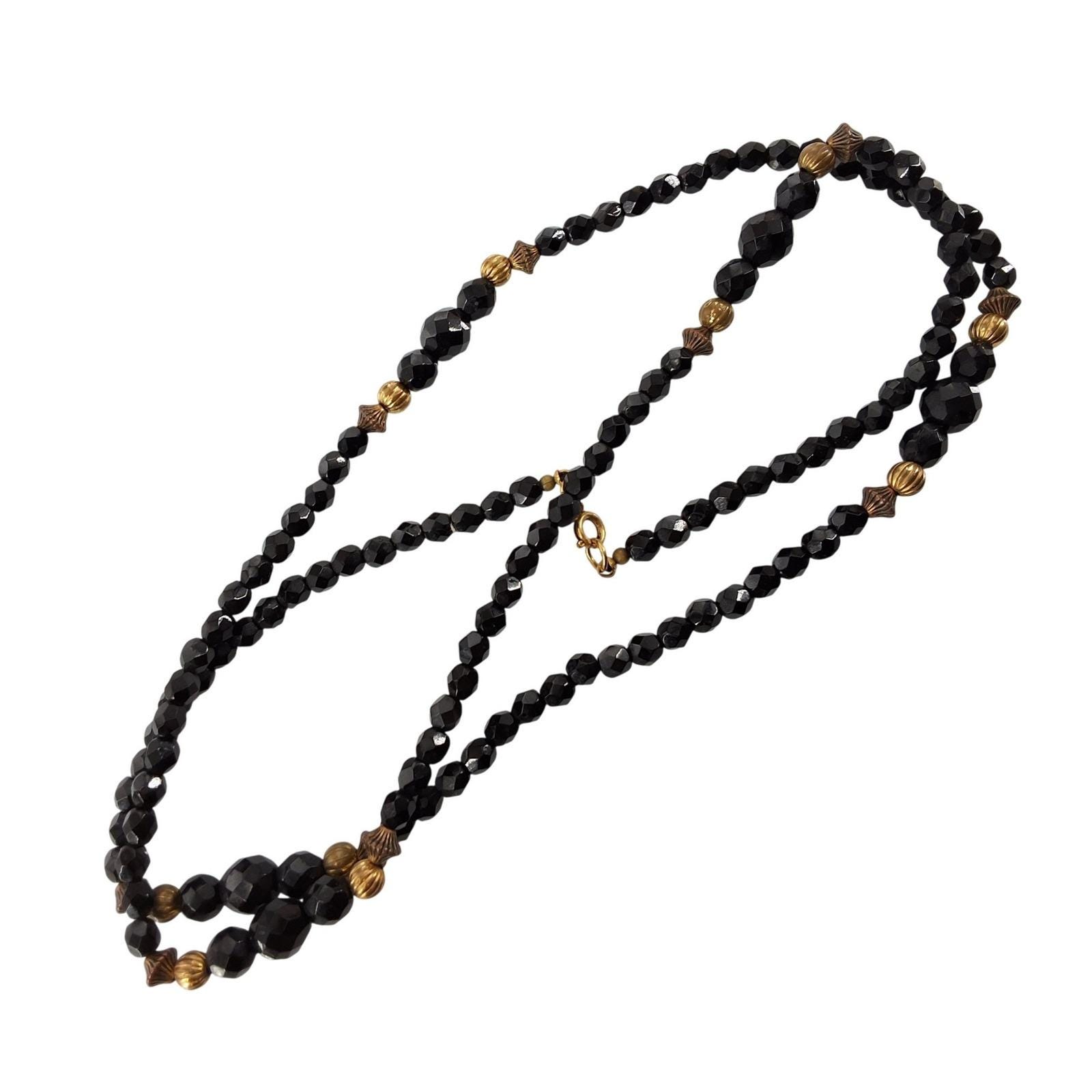 Vintage Black Faceted Bead Necklace Gold Tone Accents 34" 86.36 cm - View 5