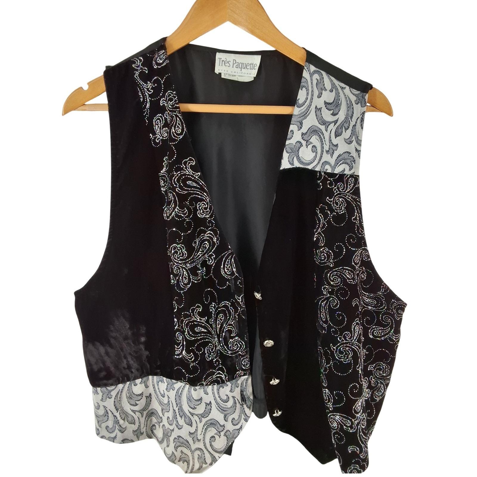 Tres Paquette Vintage Velvet Paisley Patchwork Vest Black Silver Glitter Large - View 9