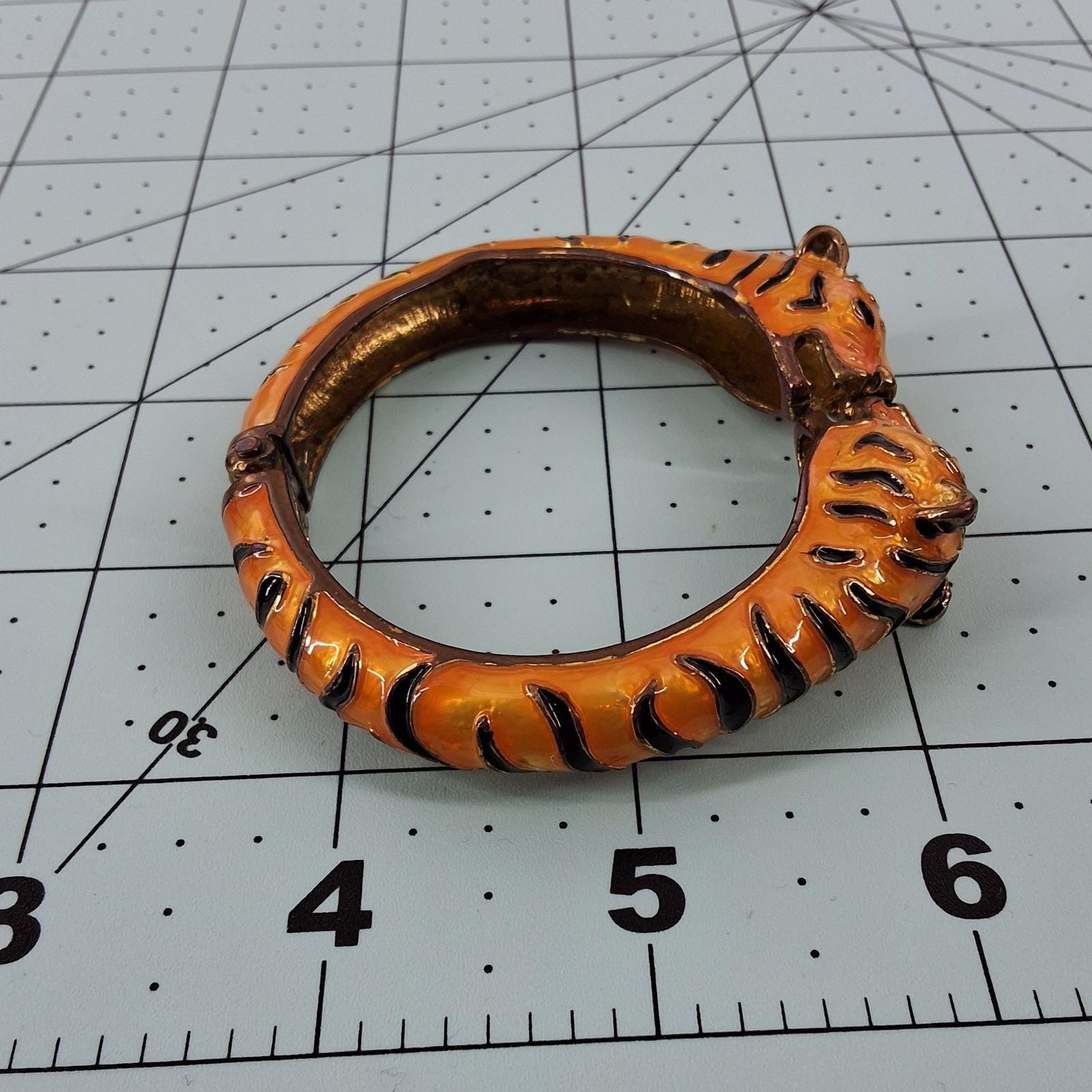 Vintage Orange Enamel Tiger Head Bypass Bangle Bracelet Animal Print Gold Tone - View 6