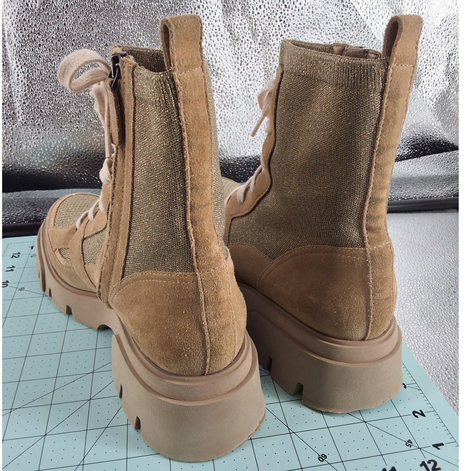 Brunello Cucinelli Gold Knit Monili Lurex Tan Suede Lug Sole Combat Boots 39.5 - View 10