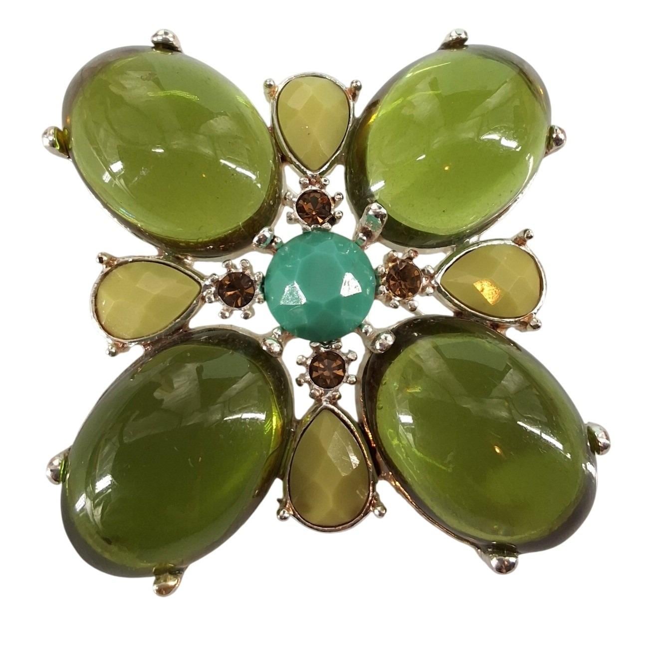 Vintage Green Cabochon Turquoise Silver Tone Quatrefoil Statement Brooch Pin