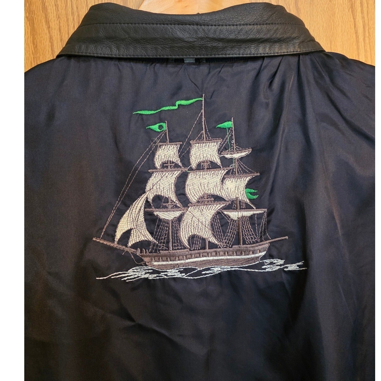 Vintage Mens Suede Knit Bomber Jacket Black Navy Embroidered Ship Lining Small