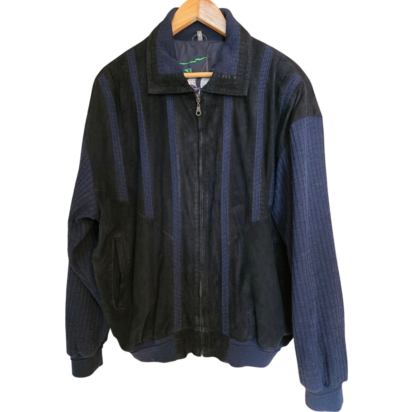 Vintage Mens Suede Knit Bomber Jacket Black Navy Embroidered Ship Lining Small