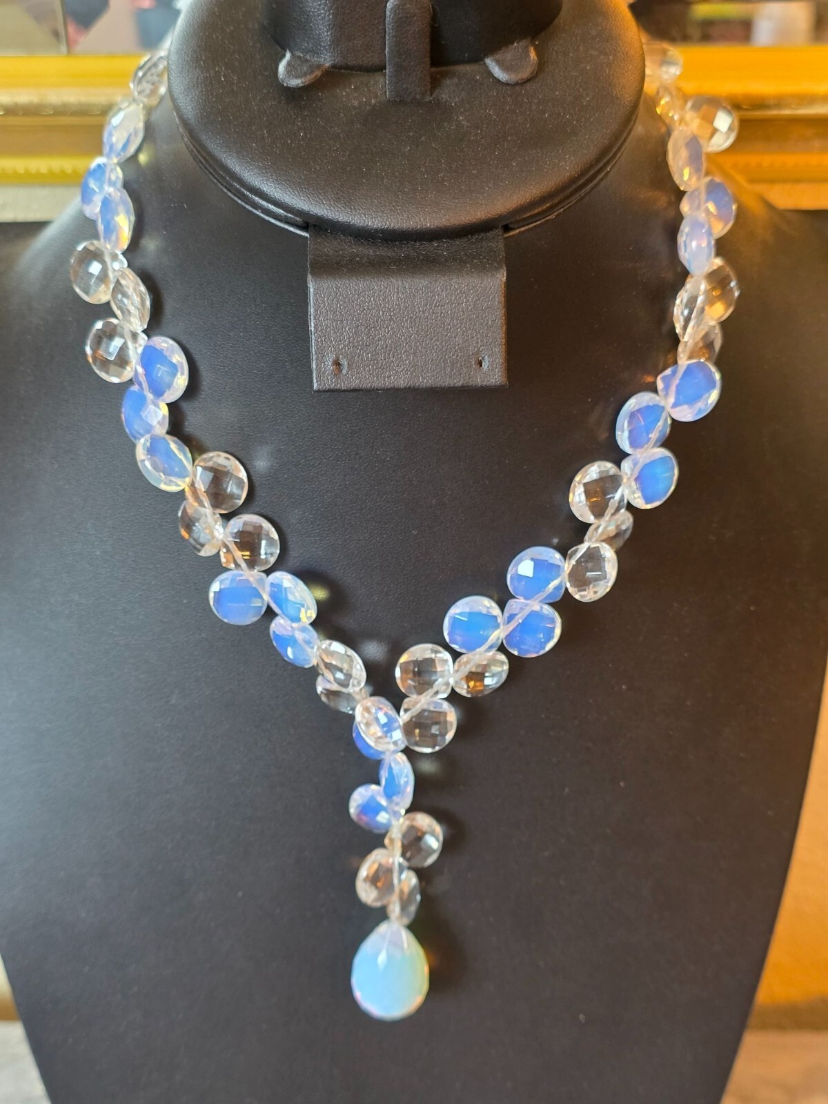 Sterling Silver Faceted Opalite Y-Drop Toggle Necklace Blue Clear 18 In