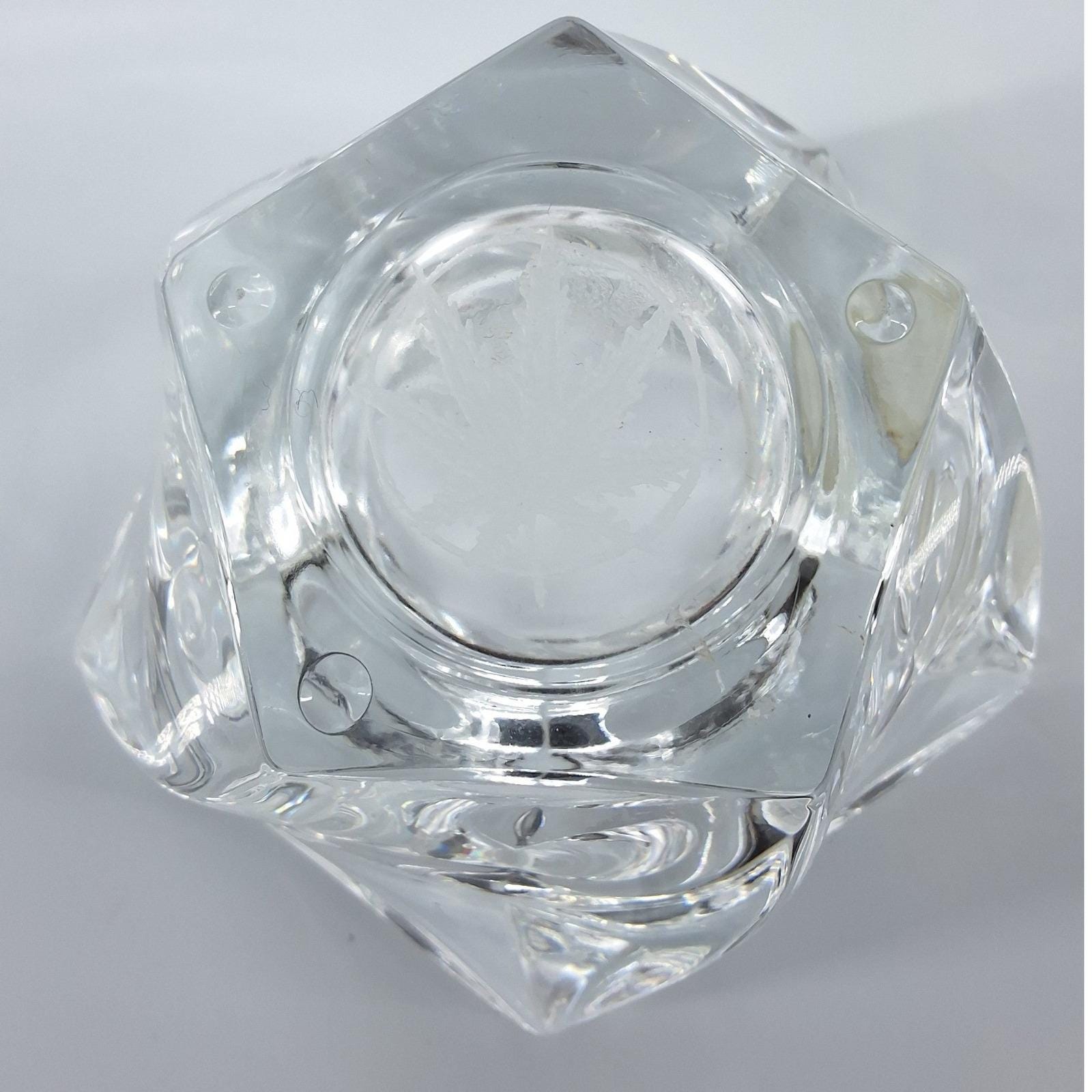 Vintage 24% Lead Crystal Votive Candle Holder Etched Leaf Base Made in USA Clear