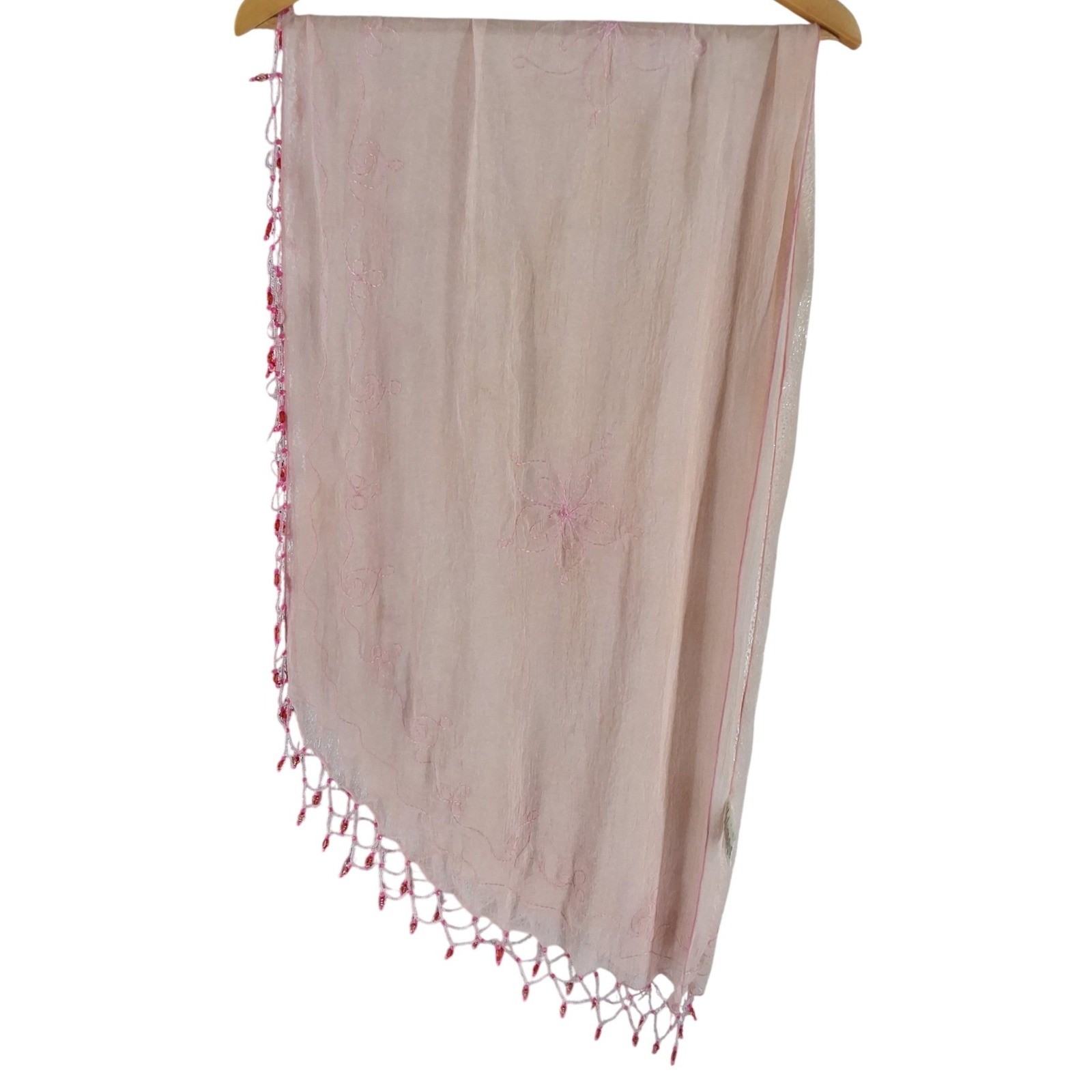 Pareos etc. Pink Sheer Embroidered Scarf Sarong with Beaded Fringe One Size