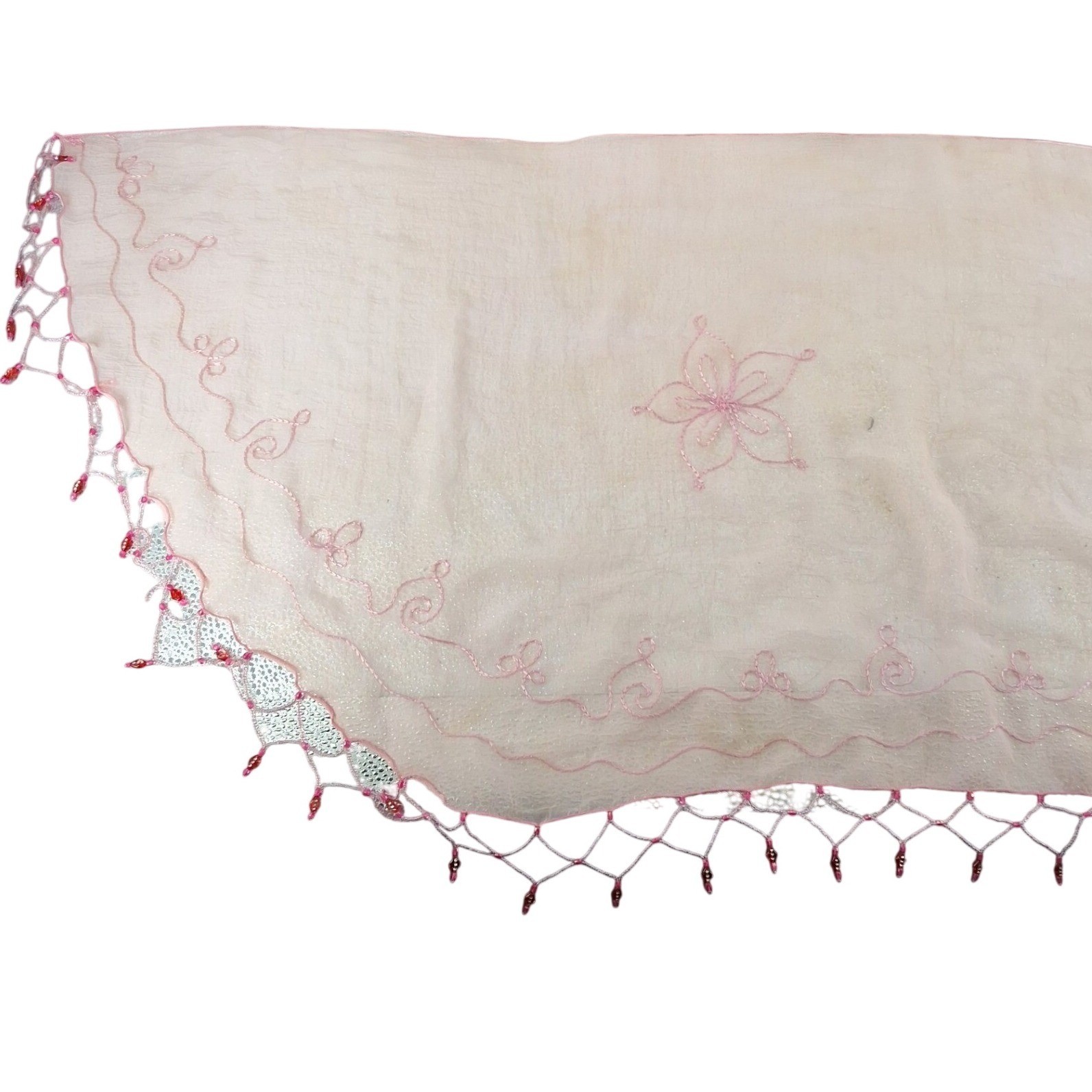Pareos etc. Pink Sheer Embroidered Scarf Sarong with Beaded Fringe One Size - View 5