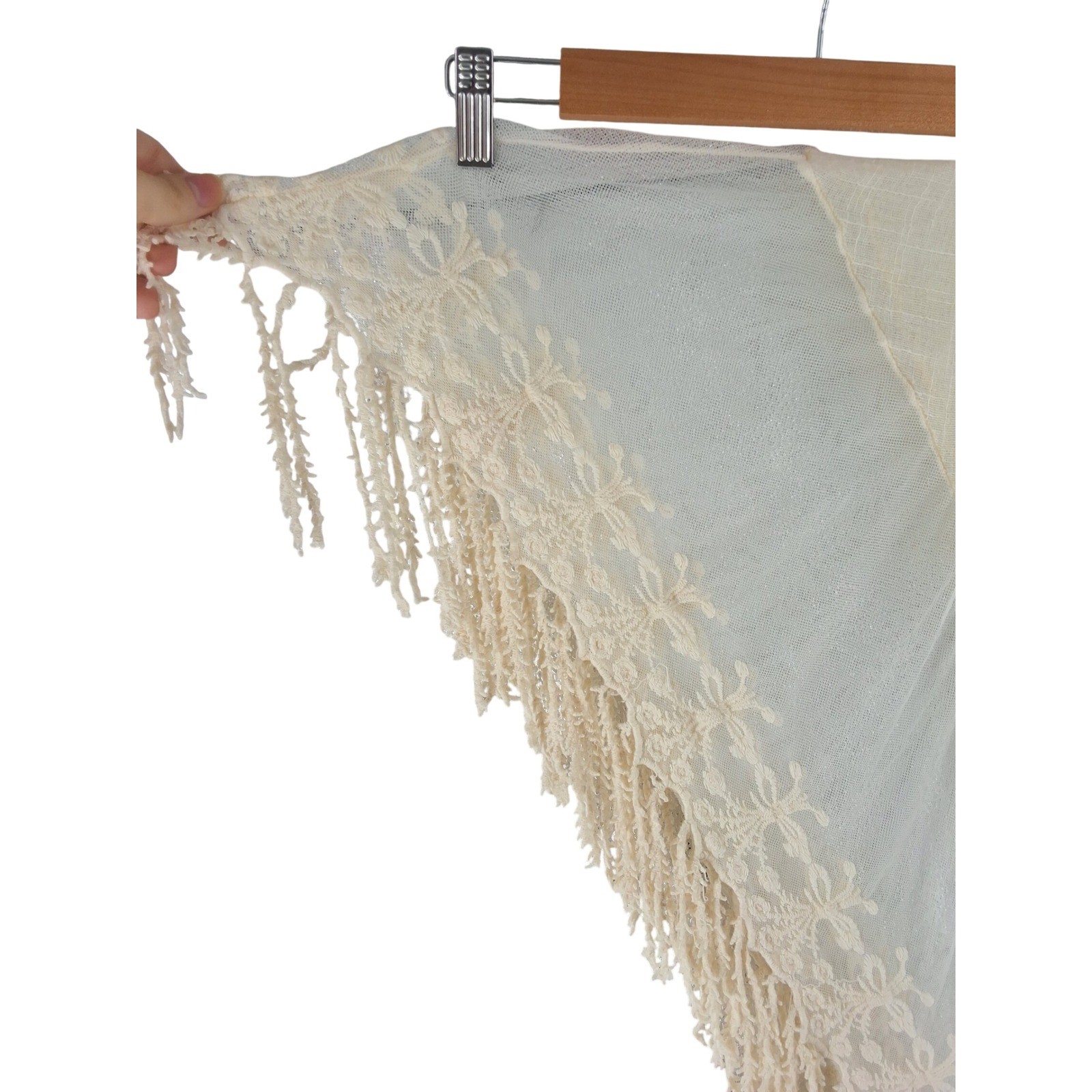 World Market Cream Triangle Scarf Floral Embroidery Mesh Fringe Boho Ivory 74x24 - View 3