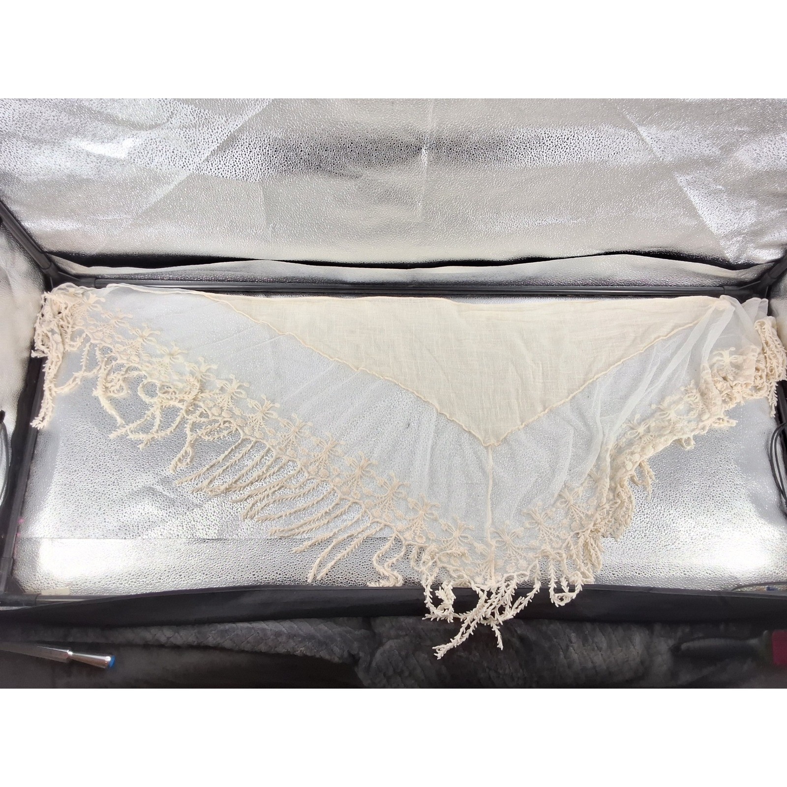World Market Cream Triangle Scarf Floral Embroidery Mesh Fringe Boho Ivory 74x24 - View 6