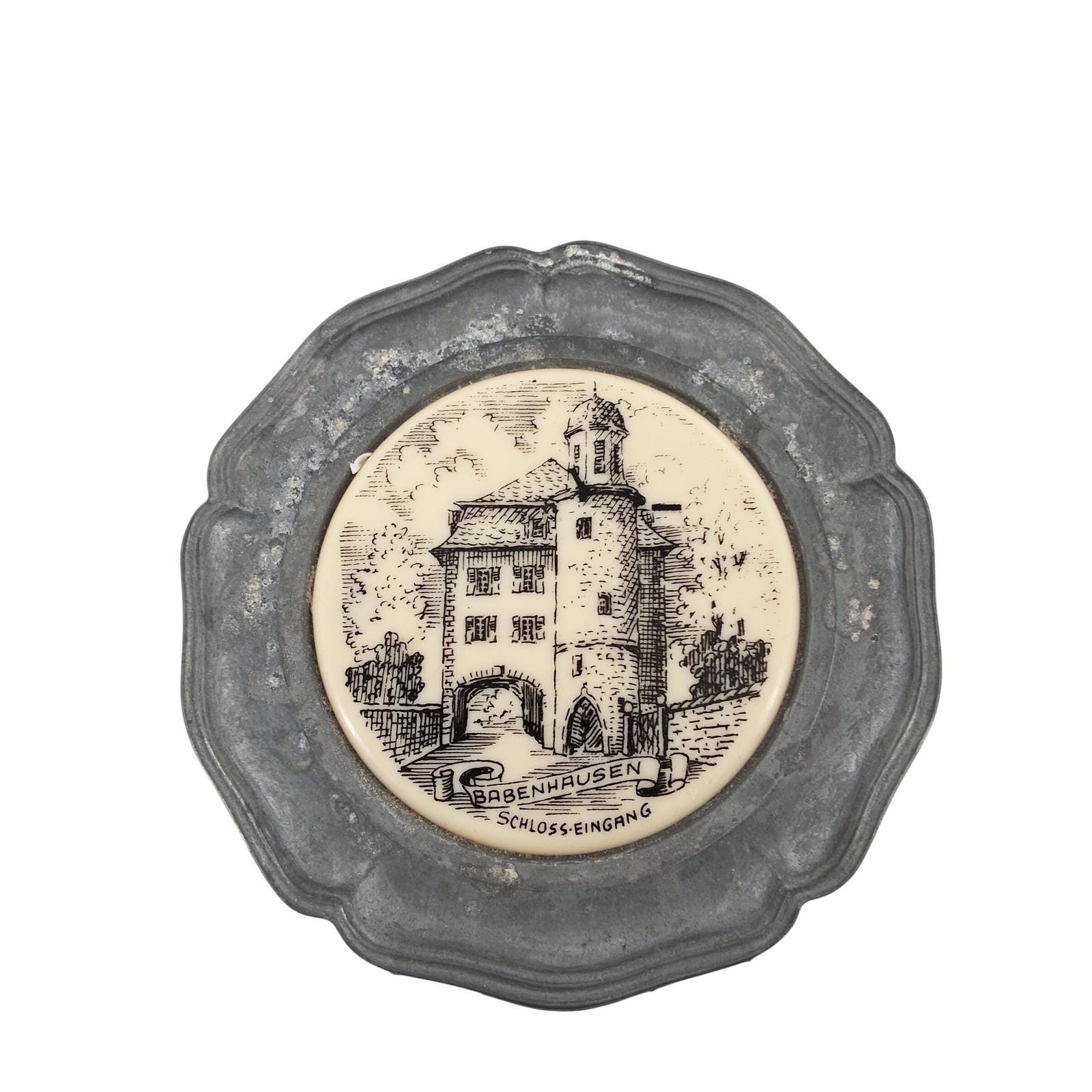 Vintage Babenhausen Schloss-Eingang German Pewter Ceramic Wall Plaque Souvenir