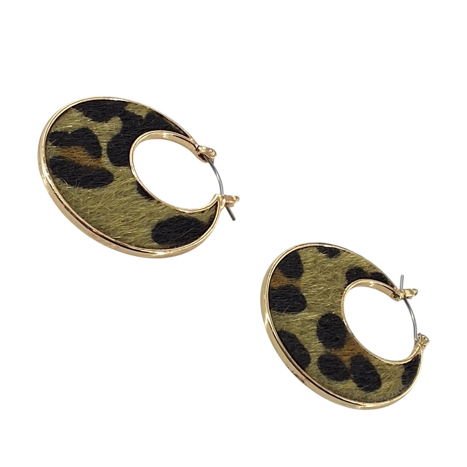 Gold Tone Leopard Print Faux Calf Hair Crescent Hoop Earrings 1.5 Inch - View 4