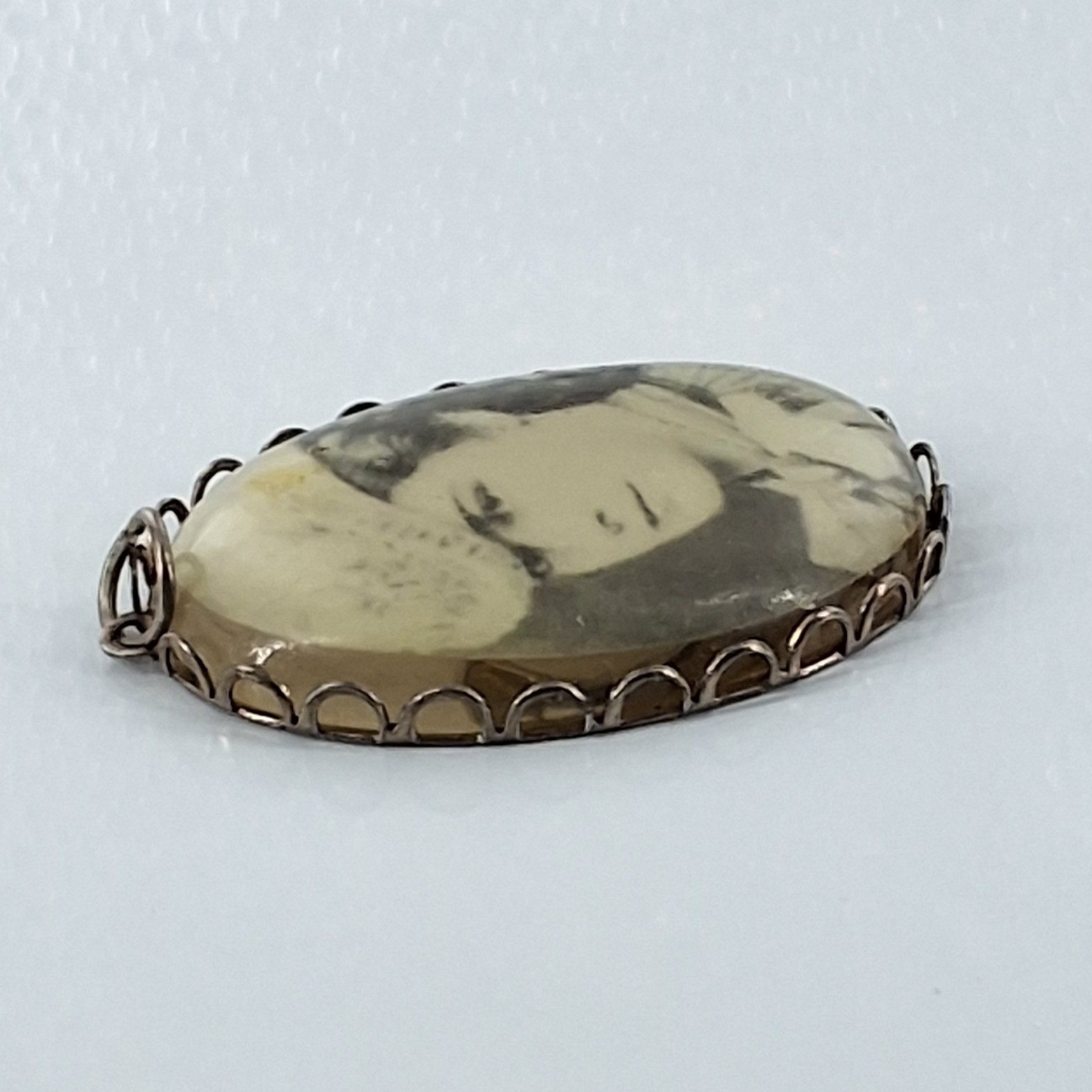 Vintage Victorian Style Photo Pendant Oval Portrait Woman Silver Tone Scalloped