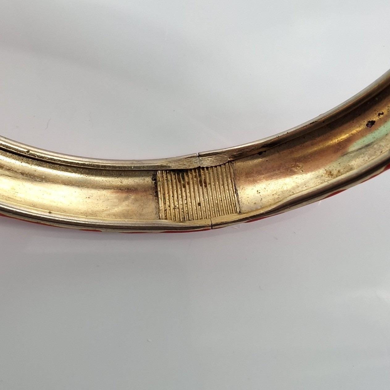Vintage Red Enamel Bangle Bracelet Gold Tone Diagonal Stripe Retro Jewelry - View 4