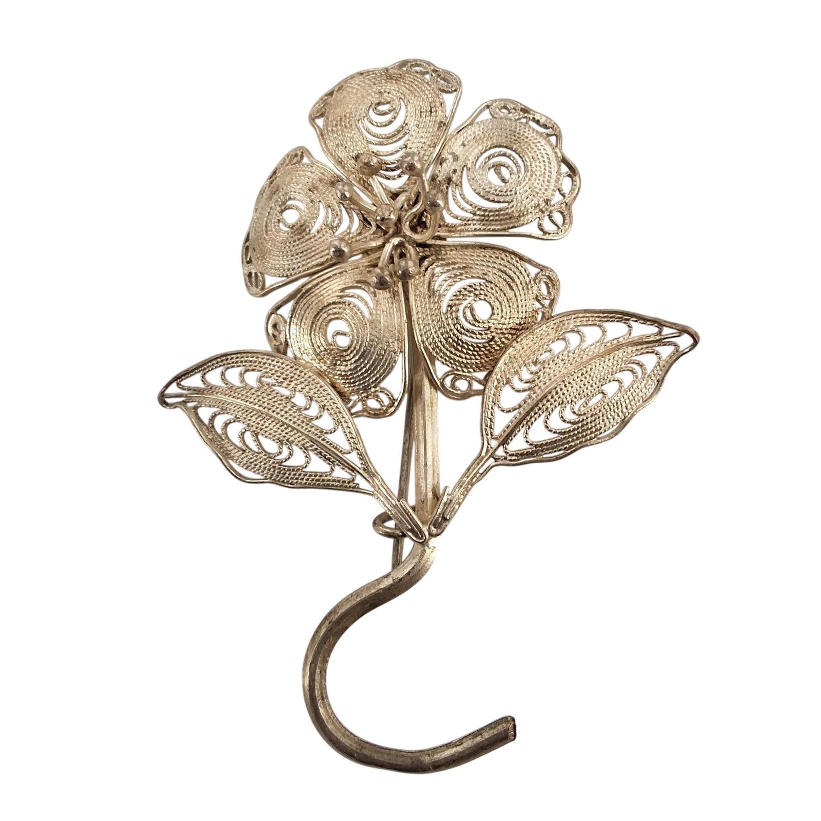 Vintage Silver Tone Filigree Flower Brooch Curved Stem Floral Pin Hook 2.5"