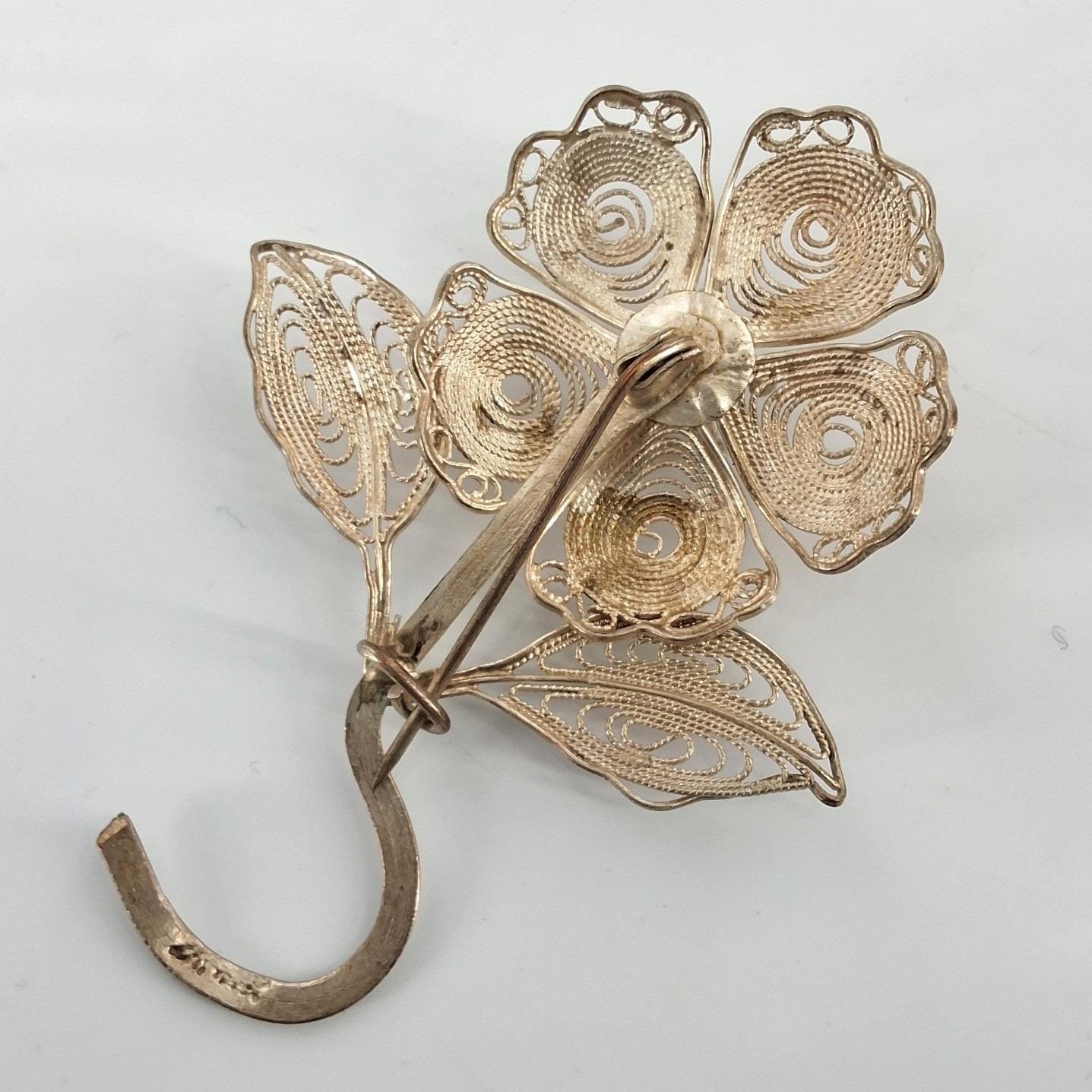 Vintage Silver Tone Filigree Flower Brooch Curved Stem Floral Pin Hook 2.5"