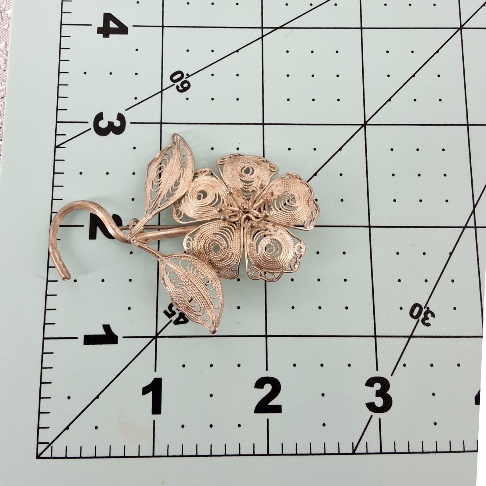 Vintage Silver Tone Filigree Flower Brooch Curved Stem Floral Pin Hook 2.5" - View 3