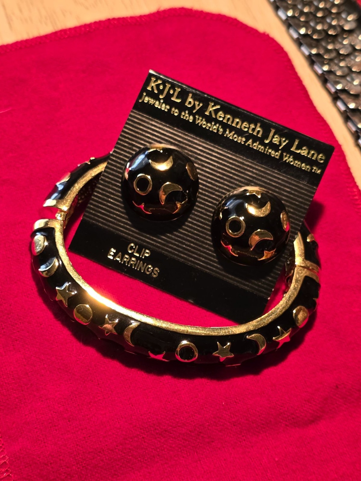 Kenneth Jay Lane Gold & Black Celestial Design Clip Earrings & Bracelet Jewelry
