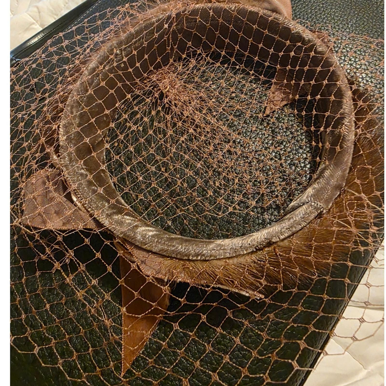 Vintage 1950s Mink Fur Halo Hat Birdcage Veil Velvet Bow Brown One Size