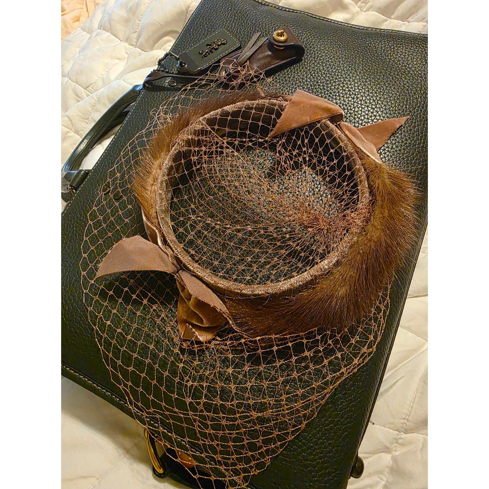 Vintage 1950s Mink Fur Halo Hat Birdcage Veil Velvet Bow Brown One Size - View 6