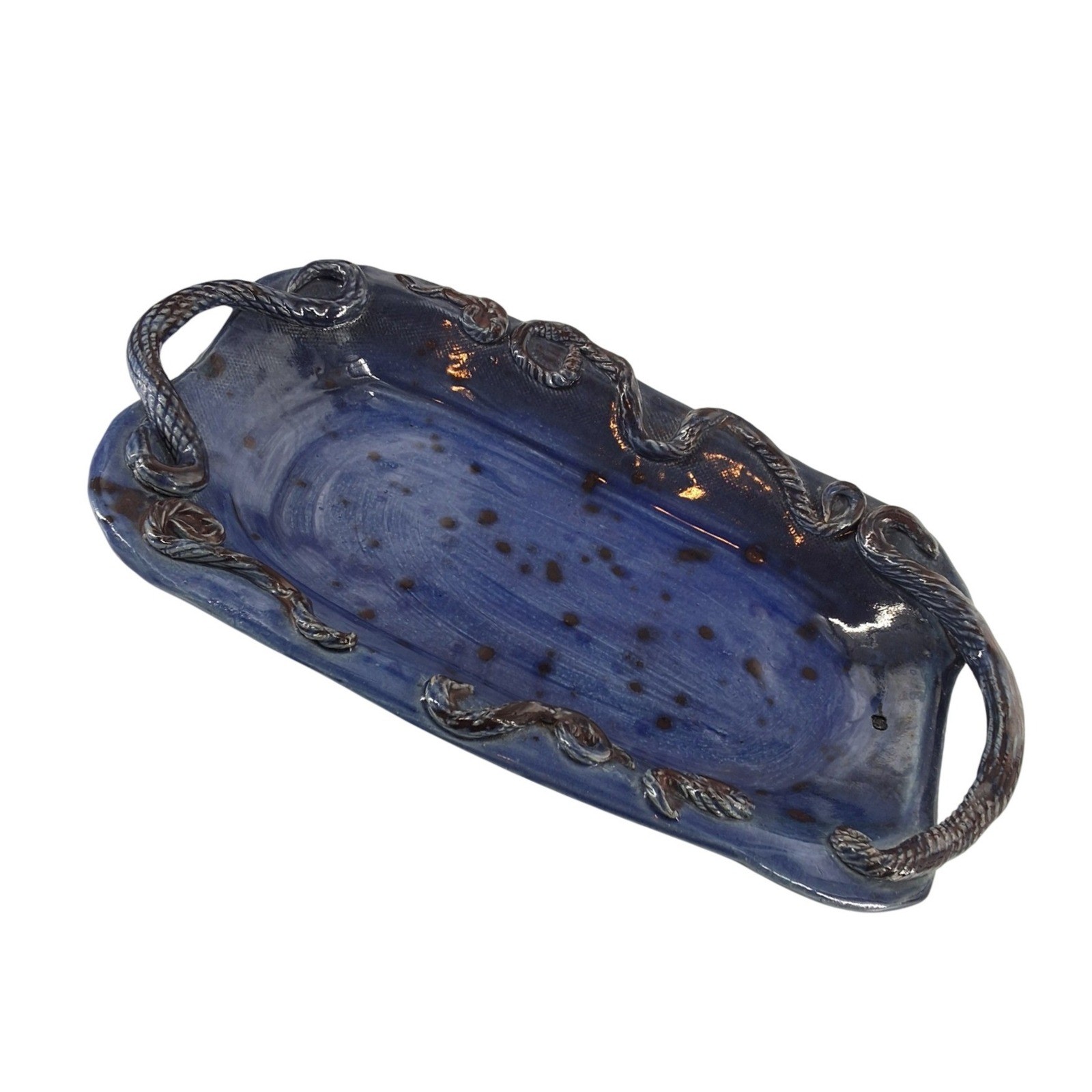 Artisan Blue Glazed Stoneware Serving Tray Hand-Sculpted Rope Handles 10.5"