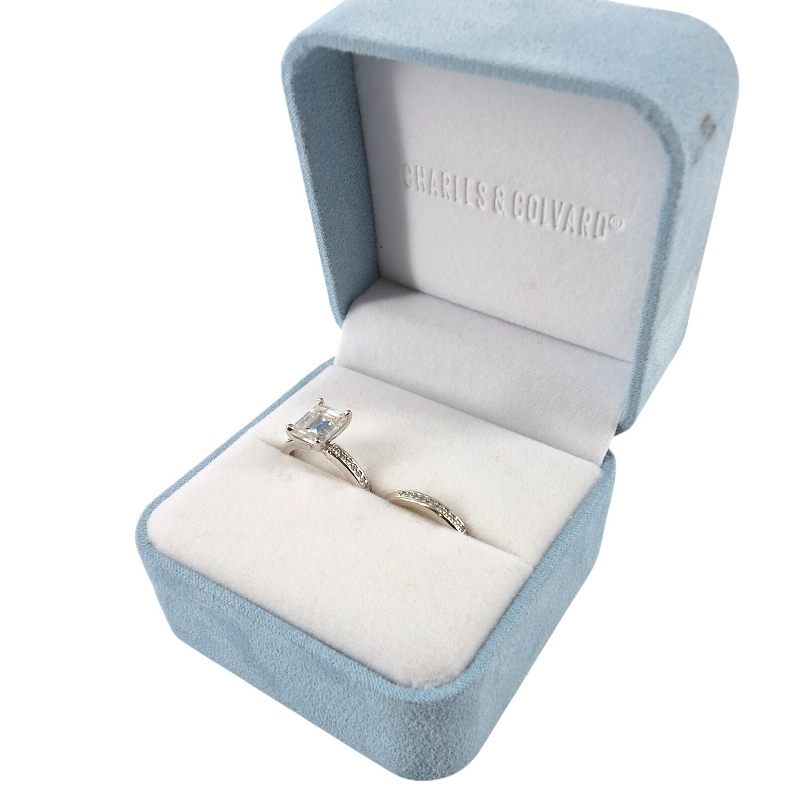 Charles & Colvard 14K White Gold Emerald Moissanite Bridal Ring Set 5.5