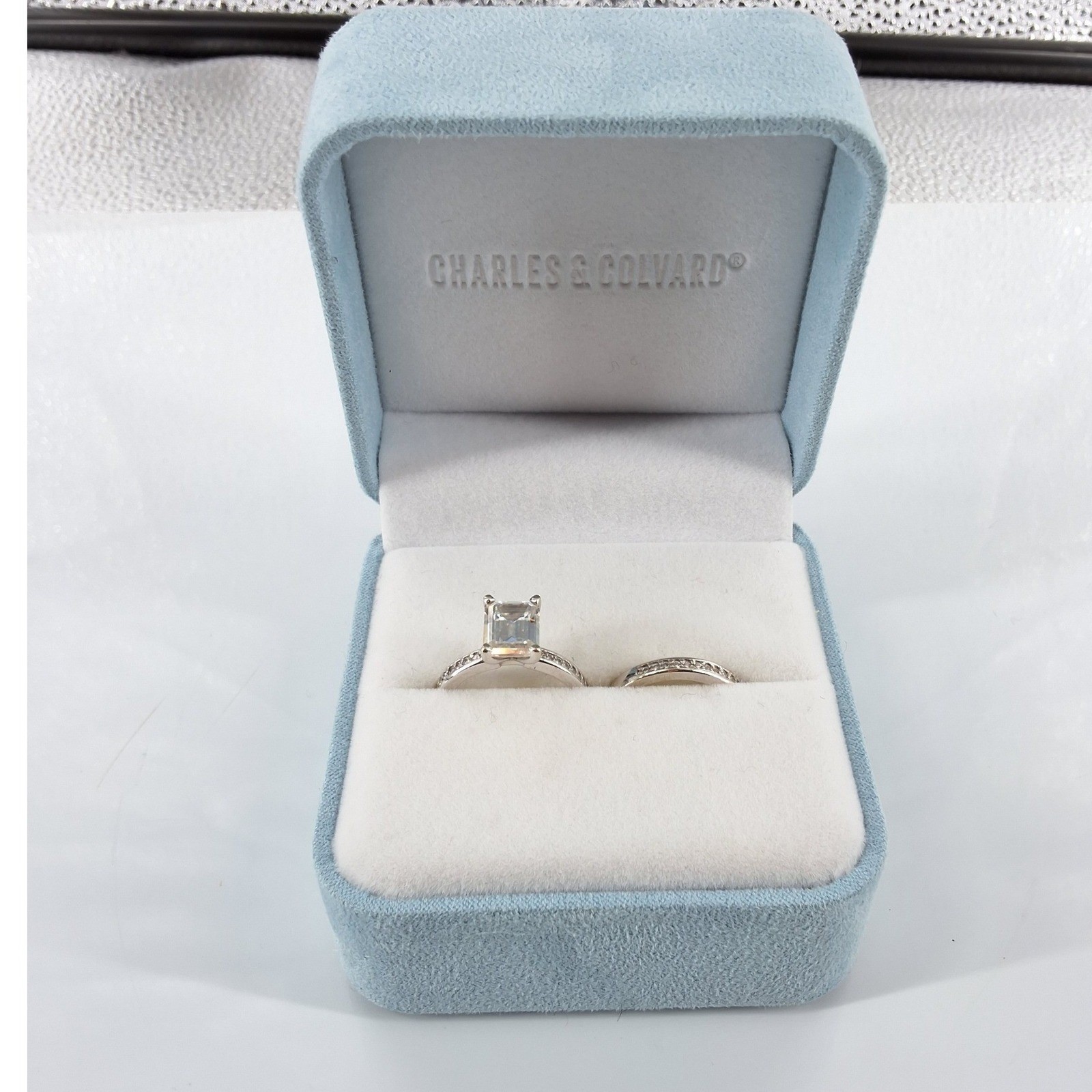 Charles & Colvard 14K White Gold Emerald Moissanite Bridal Ring Set 5.5 - View 12