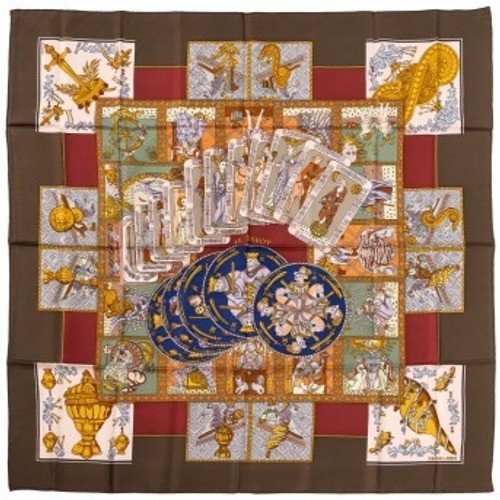 Hermes Le Tarot 90cm Silk Scarf Annie Faivre Brown Gold Vintage Carre w/ Box