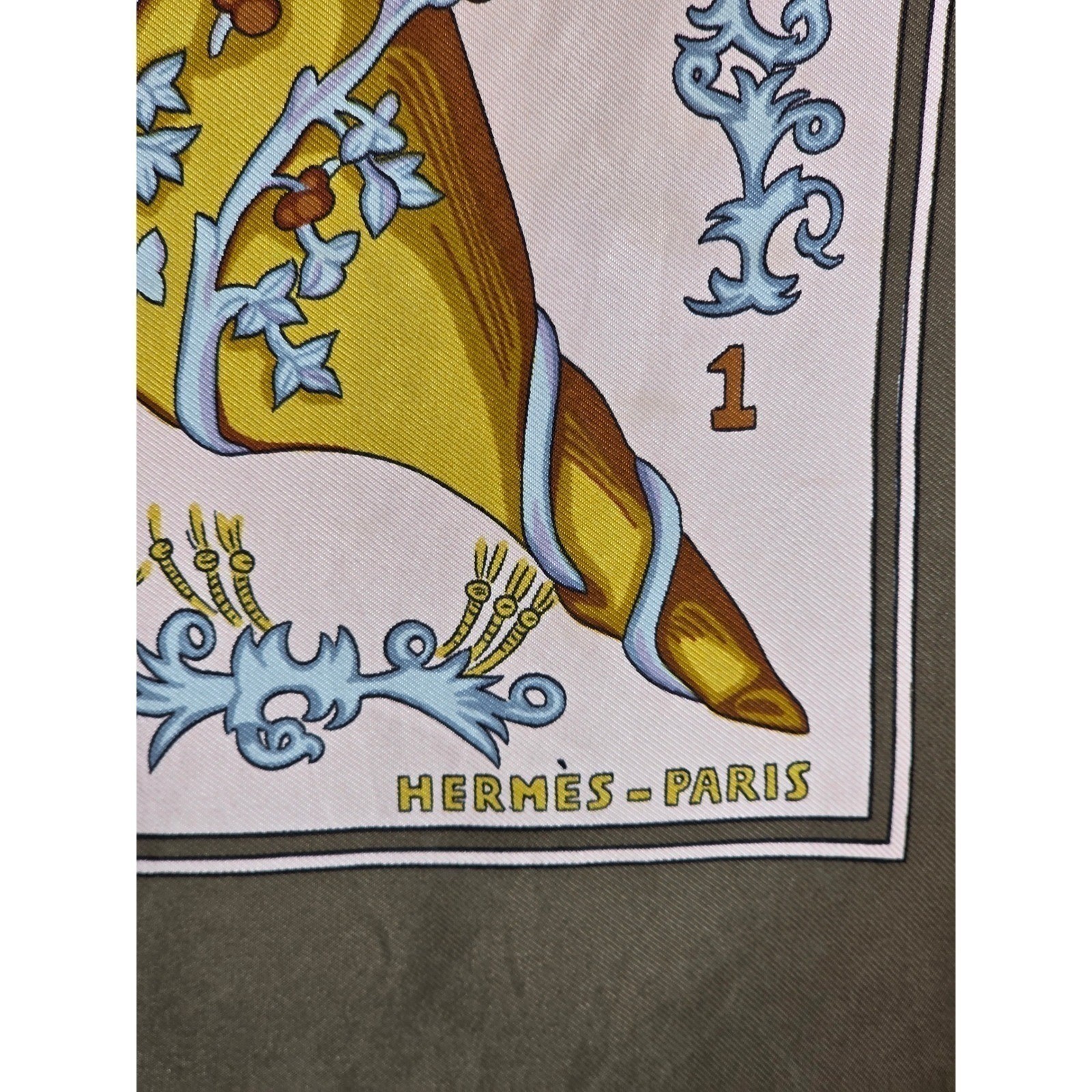 Hermes Le Tarot 90cm Silk Scarf Annie Faivre Brown Gold Vintage Carre w/ Box - View 3