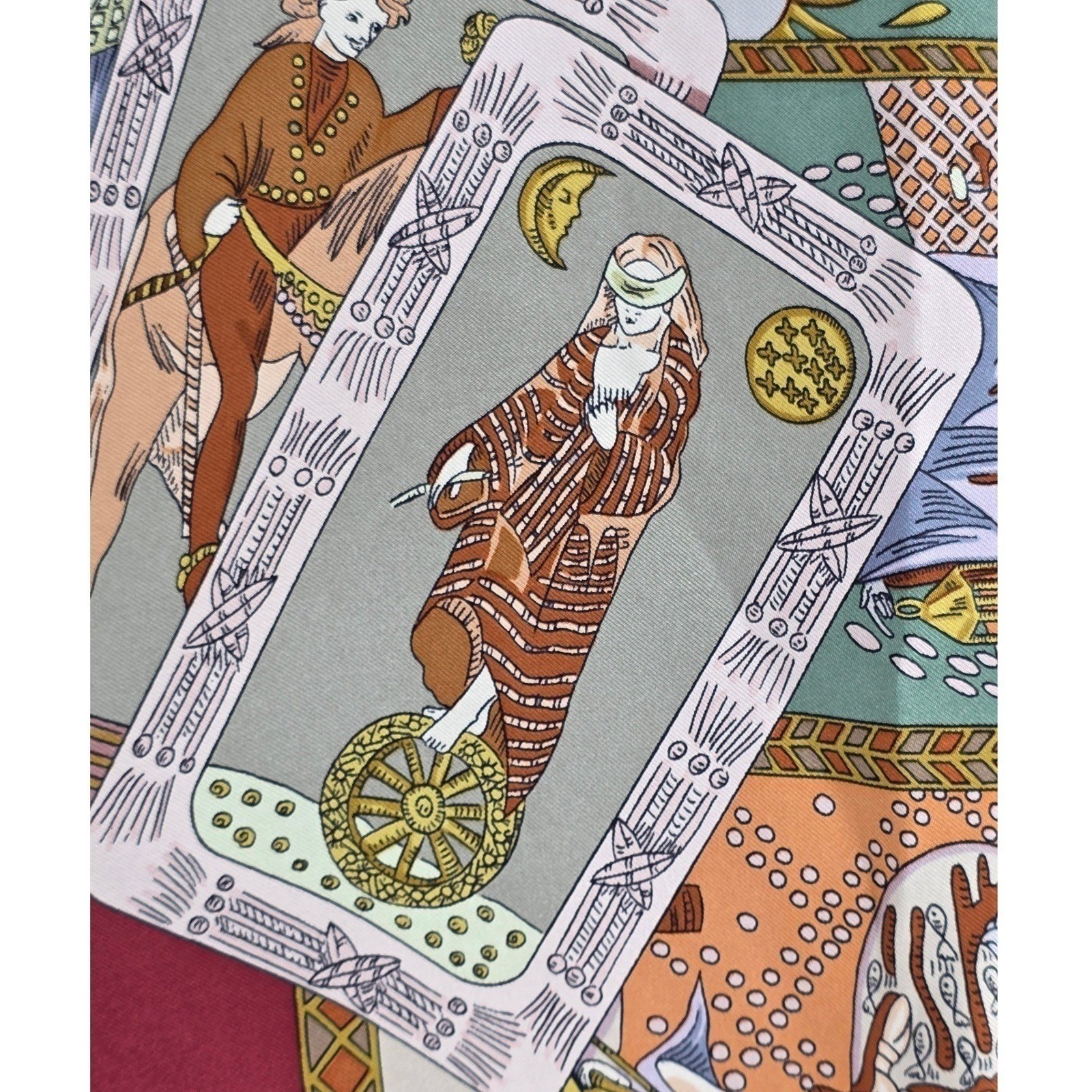 Hermes Le Tarot 90cm Silk Scarf Annie Faivre Brown Gold Vintage Carre w/ Box - View 7