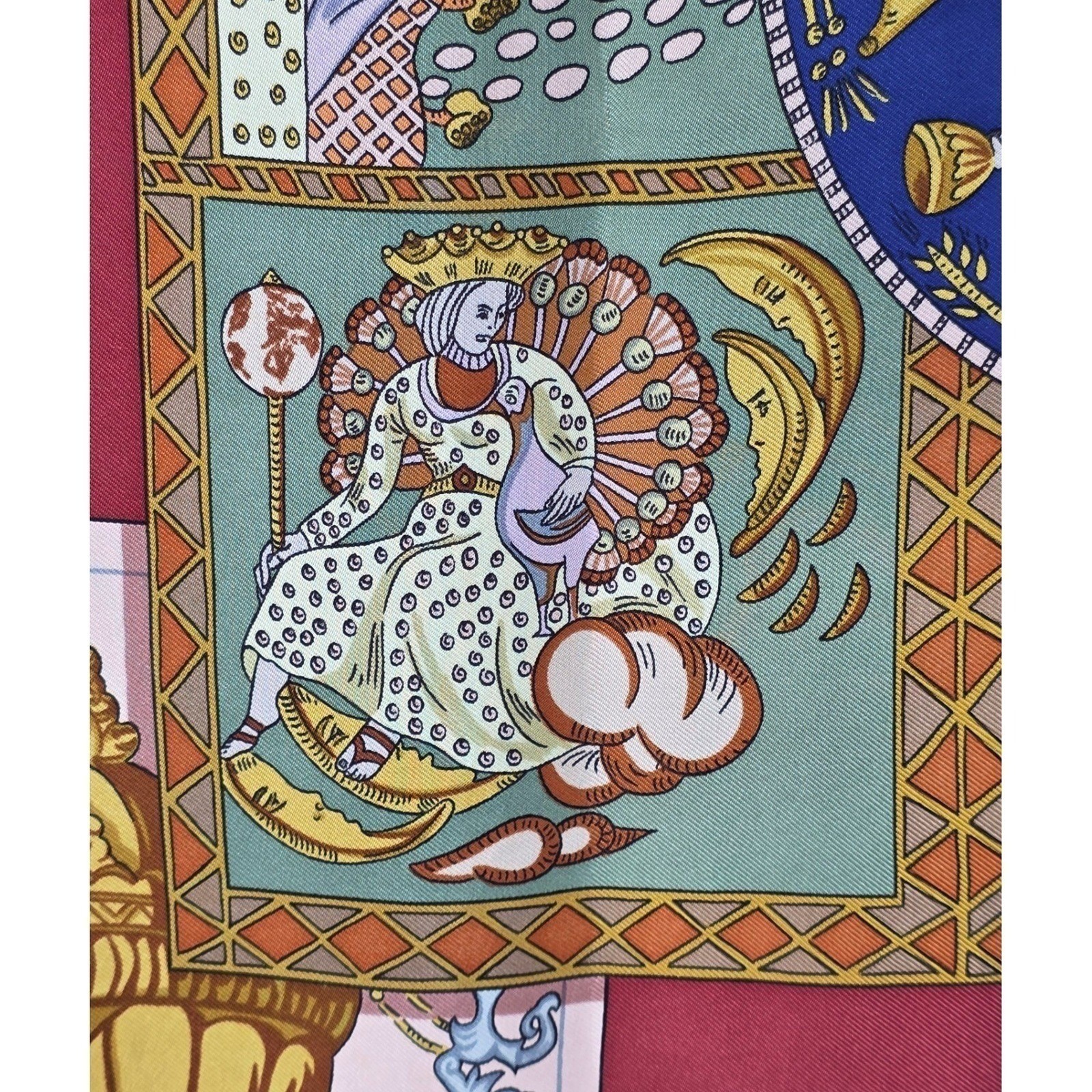 Hermes Le Tarot 90cm Silk Scarf Annie Faivre Brown Gold Vintage Carre w/ Box - View 9