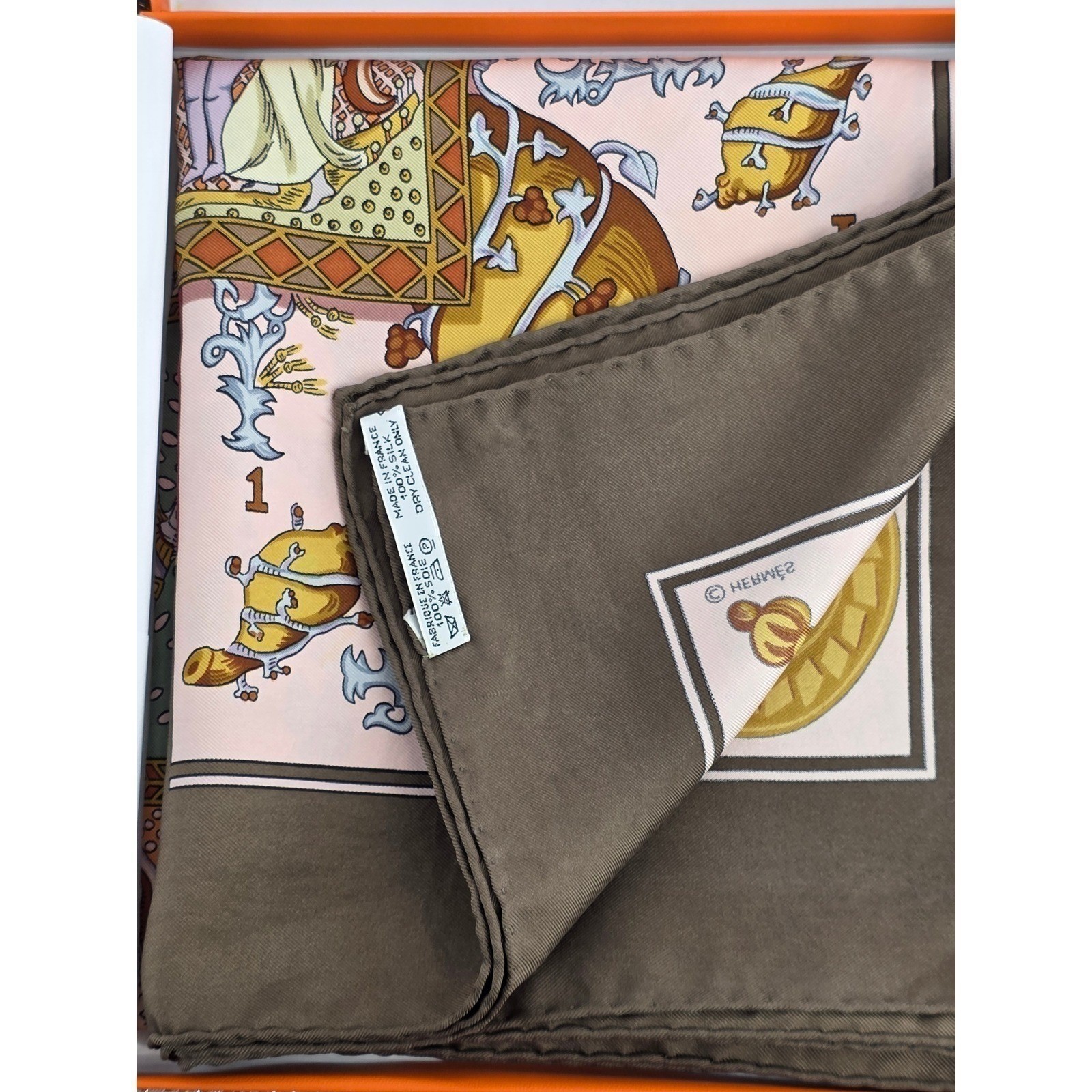 Hermes Le Tarot 90cm Silk Scarf Annie Faivre Brown Gold Vintage Carre w/ Box - View 12