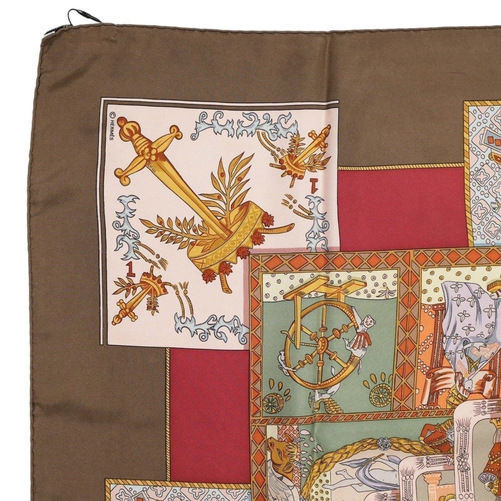 Hermes Le Tarot 90cm Silk Scarf Annie Faivre Brown Gold Vintage Carre w/ Box - View 15