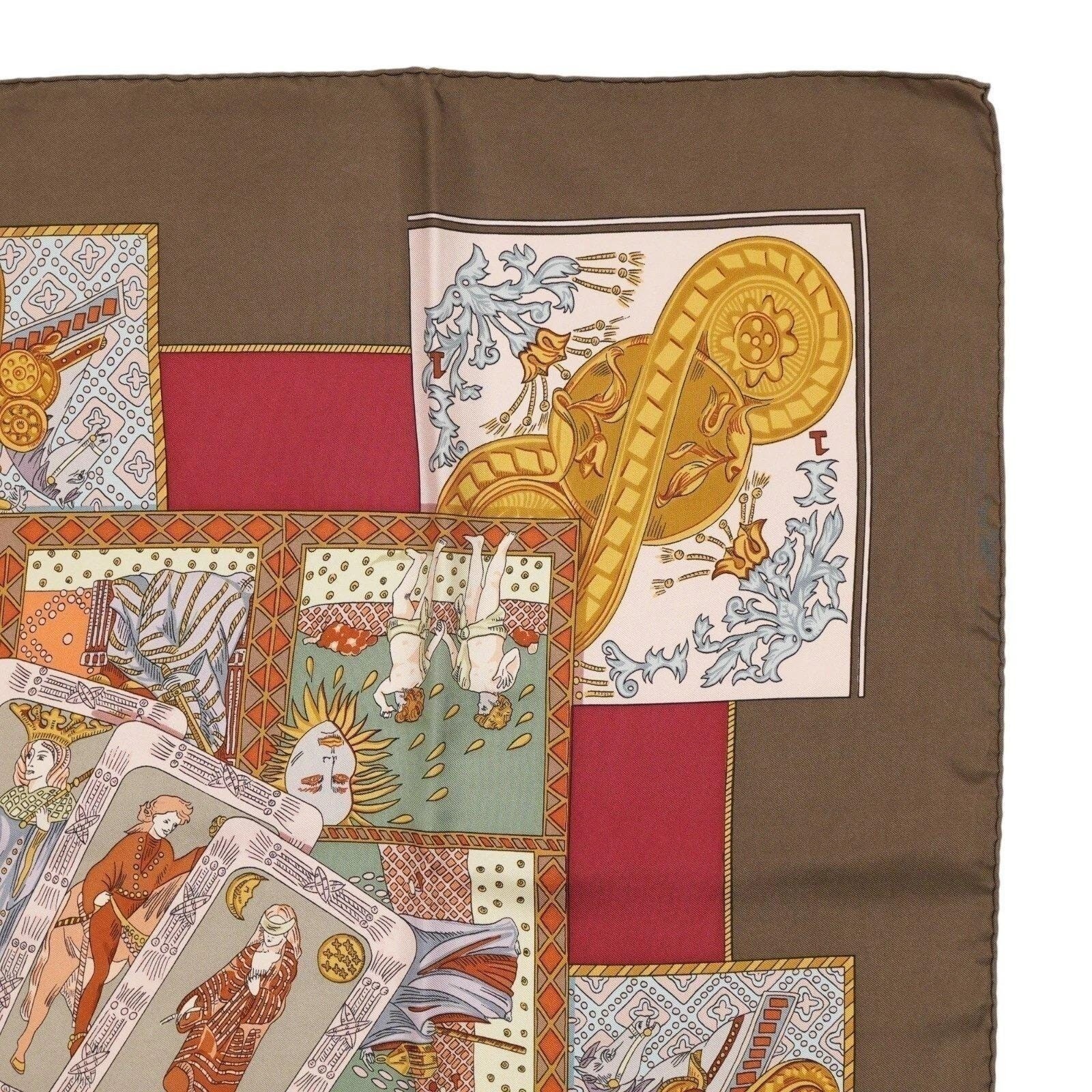 Hermes Le Tarot 90cm Silk Scarf Annie Faivre Brown Gold Vintage Carre w/ Box - View 16