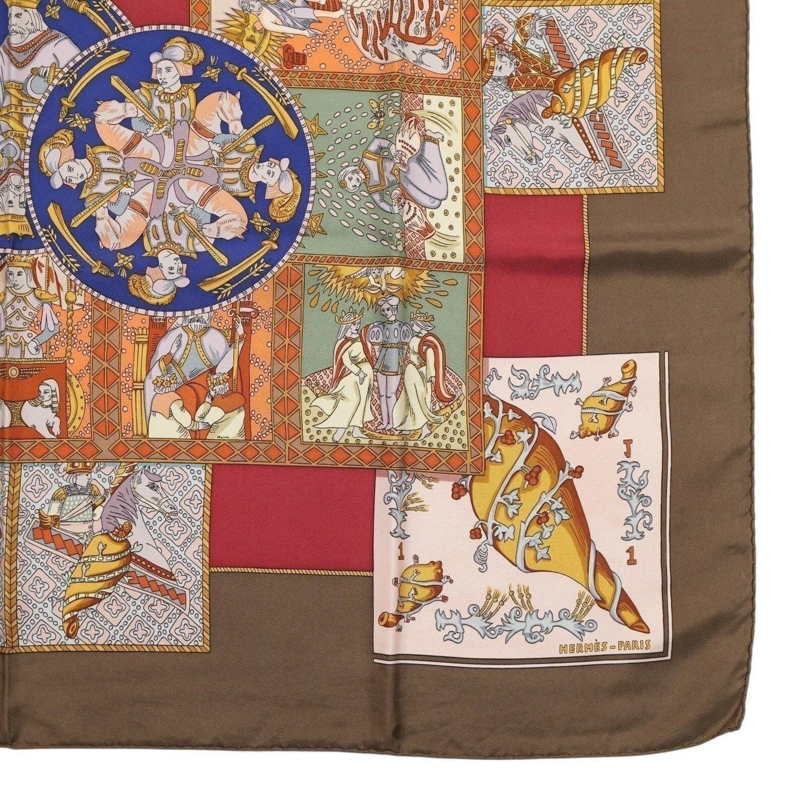 Hermes Le Tarot 90cm Silk Scarf Annie Faivre Brown Gold Vintage Carre w/ Box - View 17