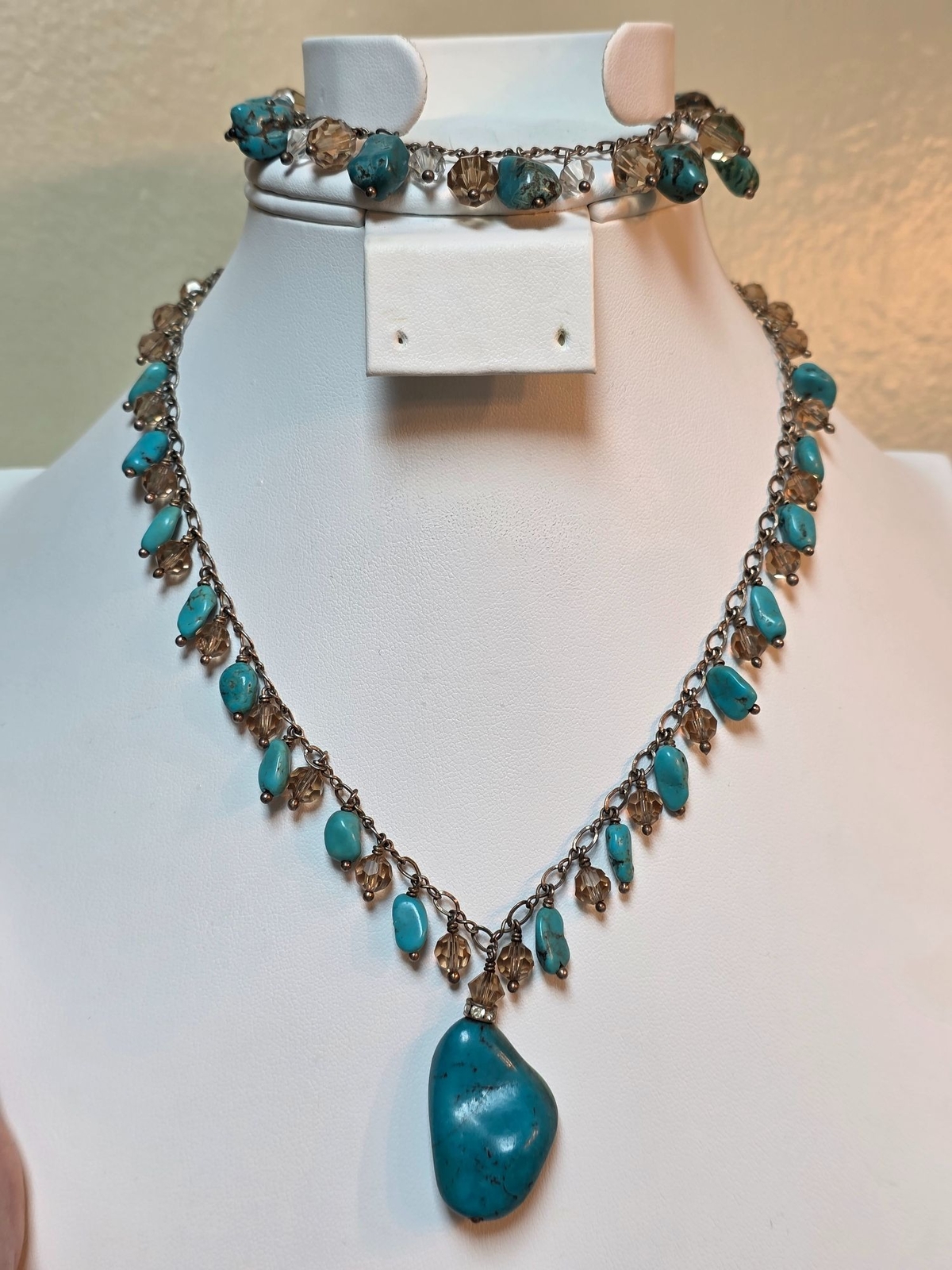 925 Sterling Silver Turquoise & Swarovski Crystal Necklace Bracelet Set - View 14