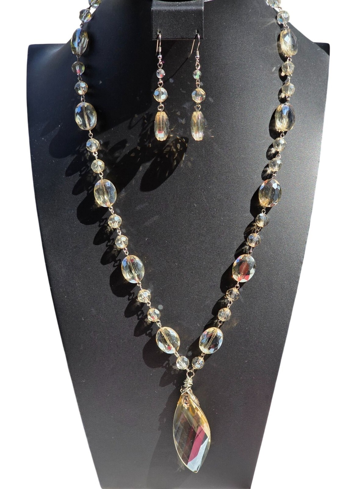 Art Deco Czech AB Crystal Bead Necklace & Earrings Set Flapper Statement
