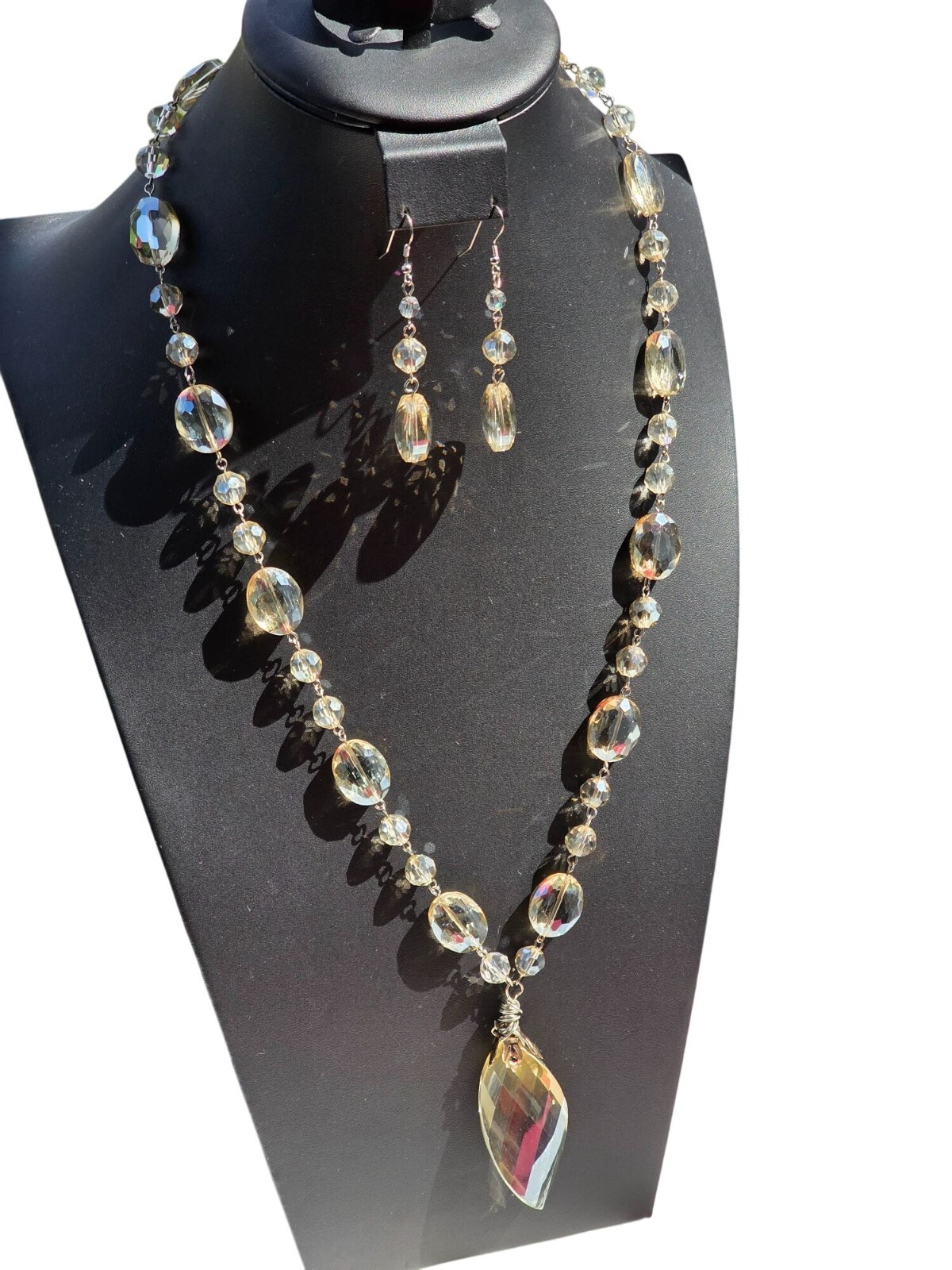 Art Deco Czech AB Crystal Bead Necklace & Earrings Set Flapper Statement - View 7