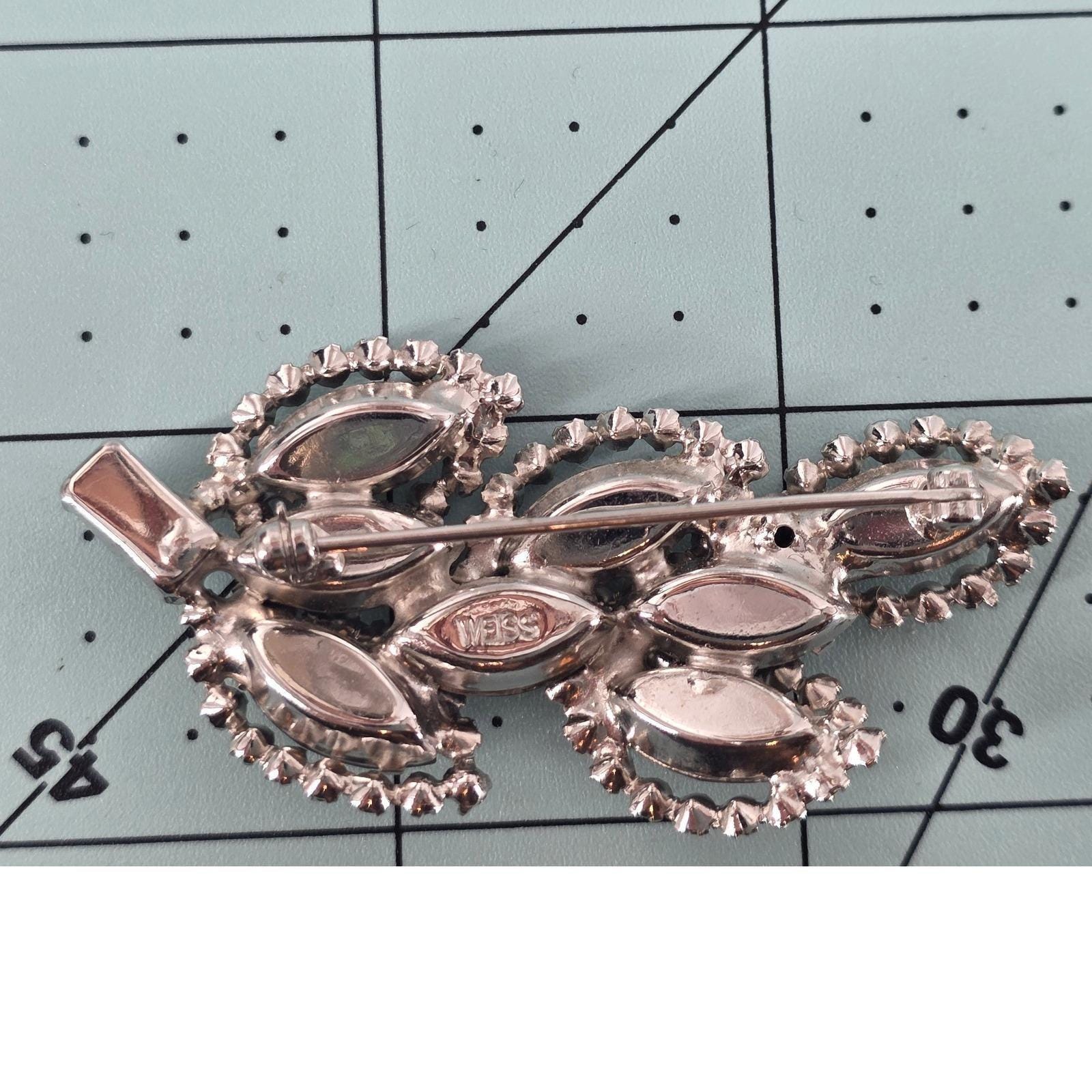 Albert Weiss Vintage Rhinestone Brooch & Clip Earring Set Silver-Tone