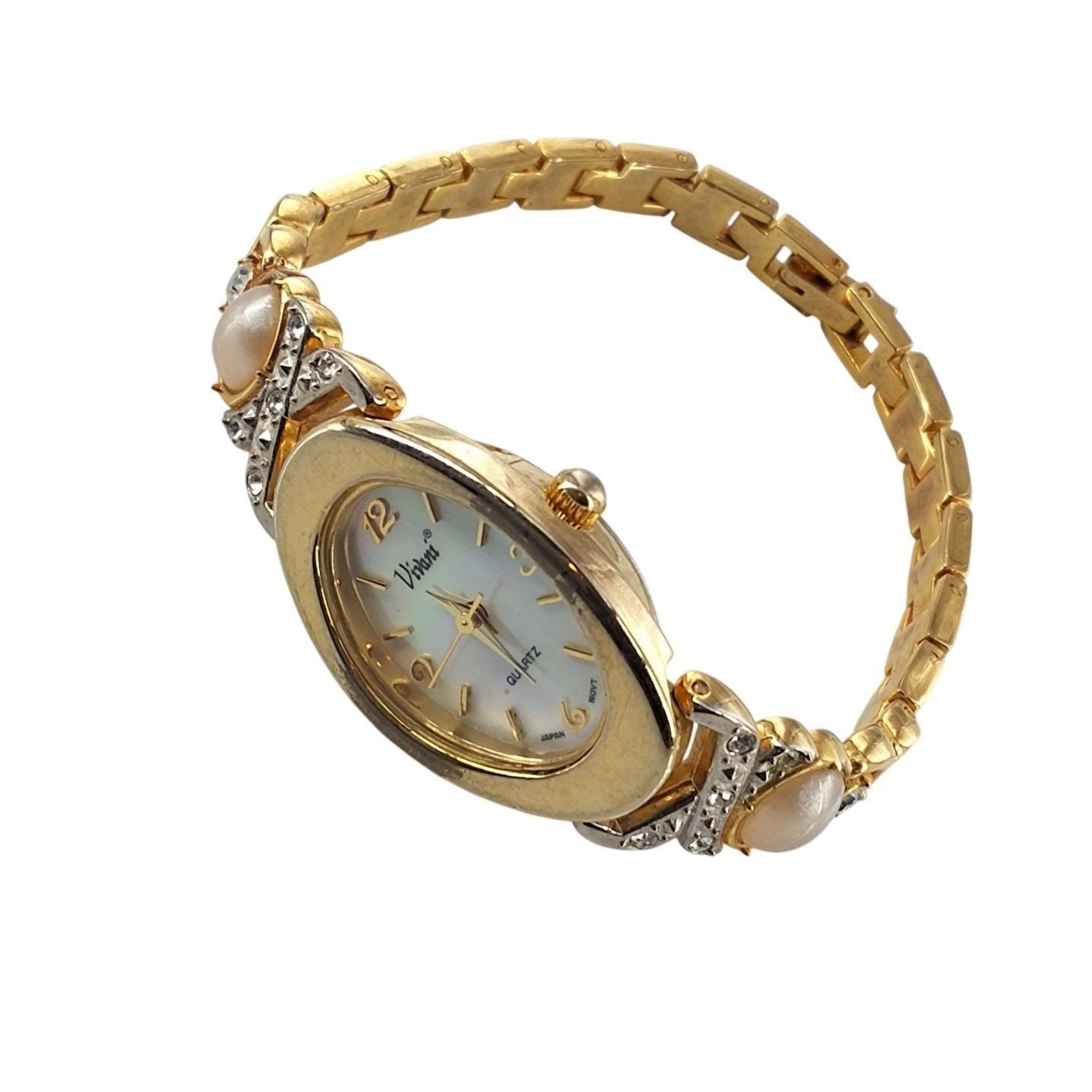 Vivani Gold Tone Oval Dress Watch Pearl Rhinestone Accents Japan Movt