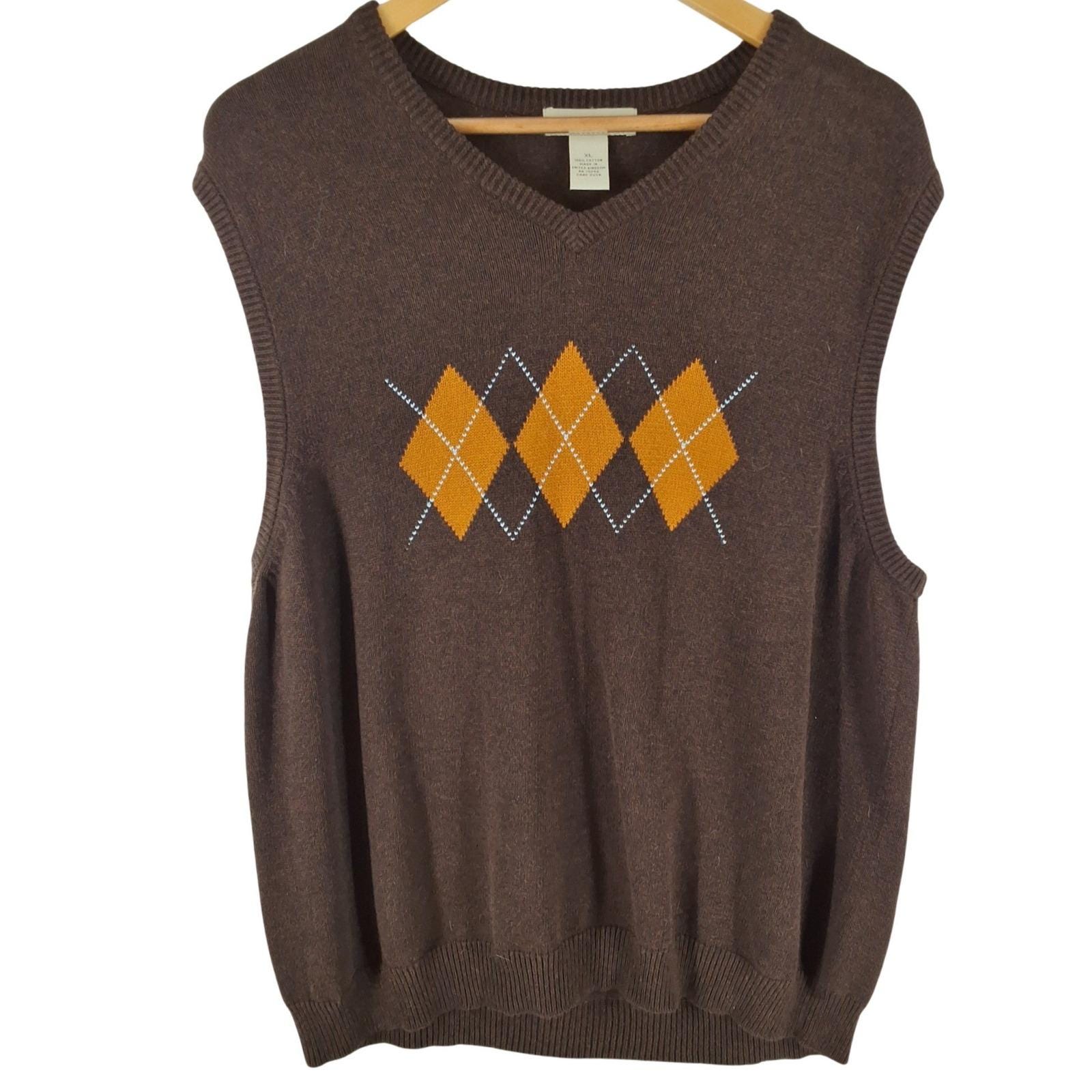 Preswick & Moore Argyle V-Neck Sweater Vest Brown Cotton XL Men Made in UK