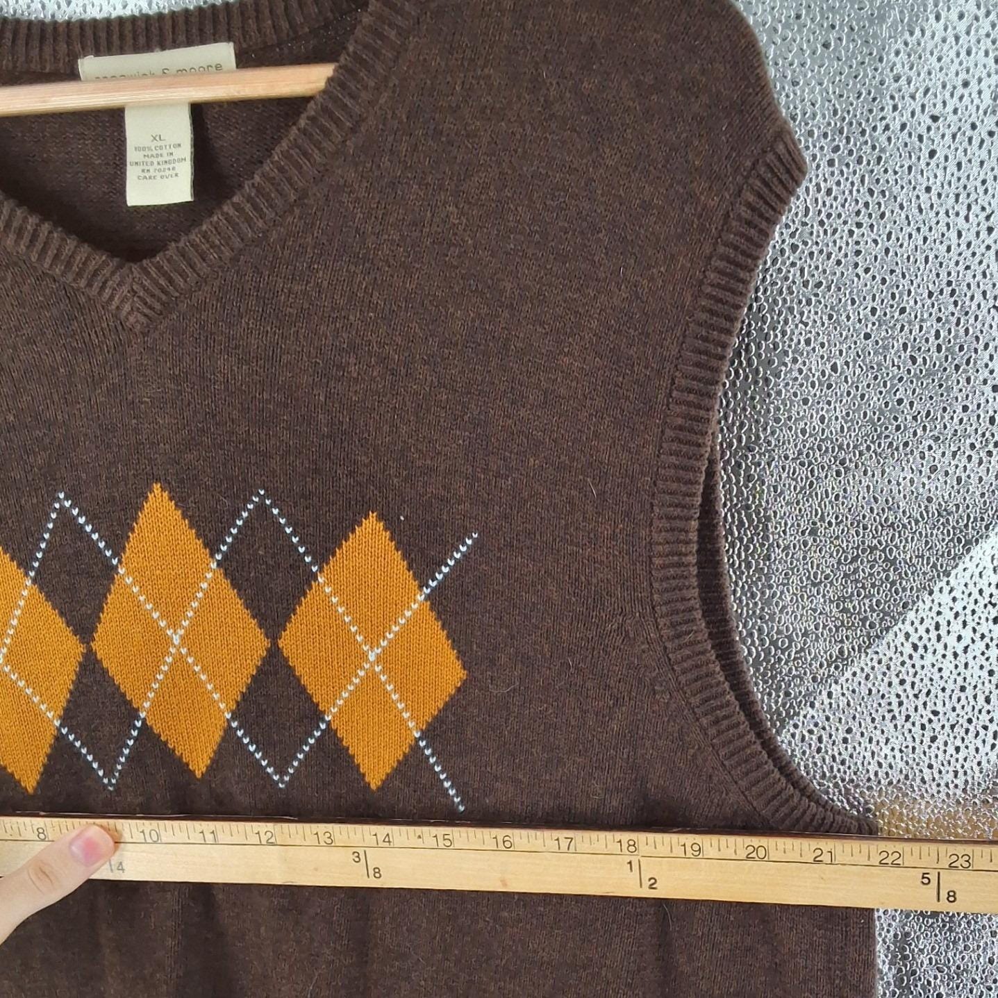 Preswick & Moore Argyle V-Neck Sweater Vest Brown Cotton XL Men Made in UK - View 4