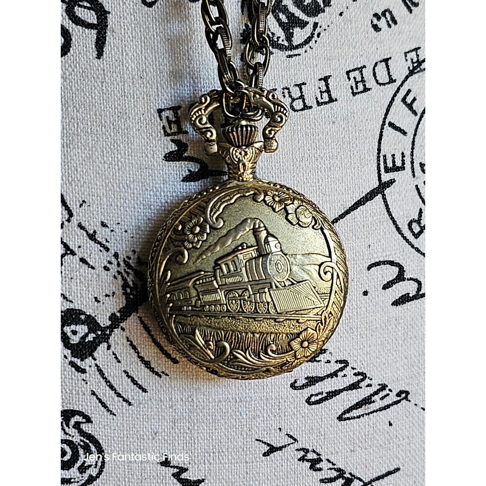 Milan Locomotive Pocket Watch Antique Gold Steam Punk Necklace Chain 52g - View 5